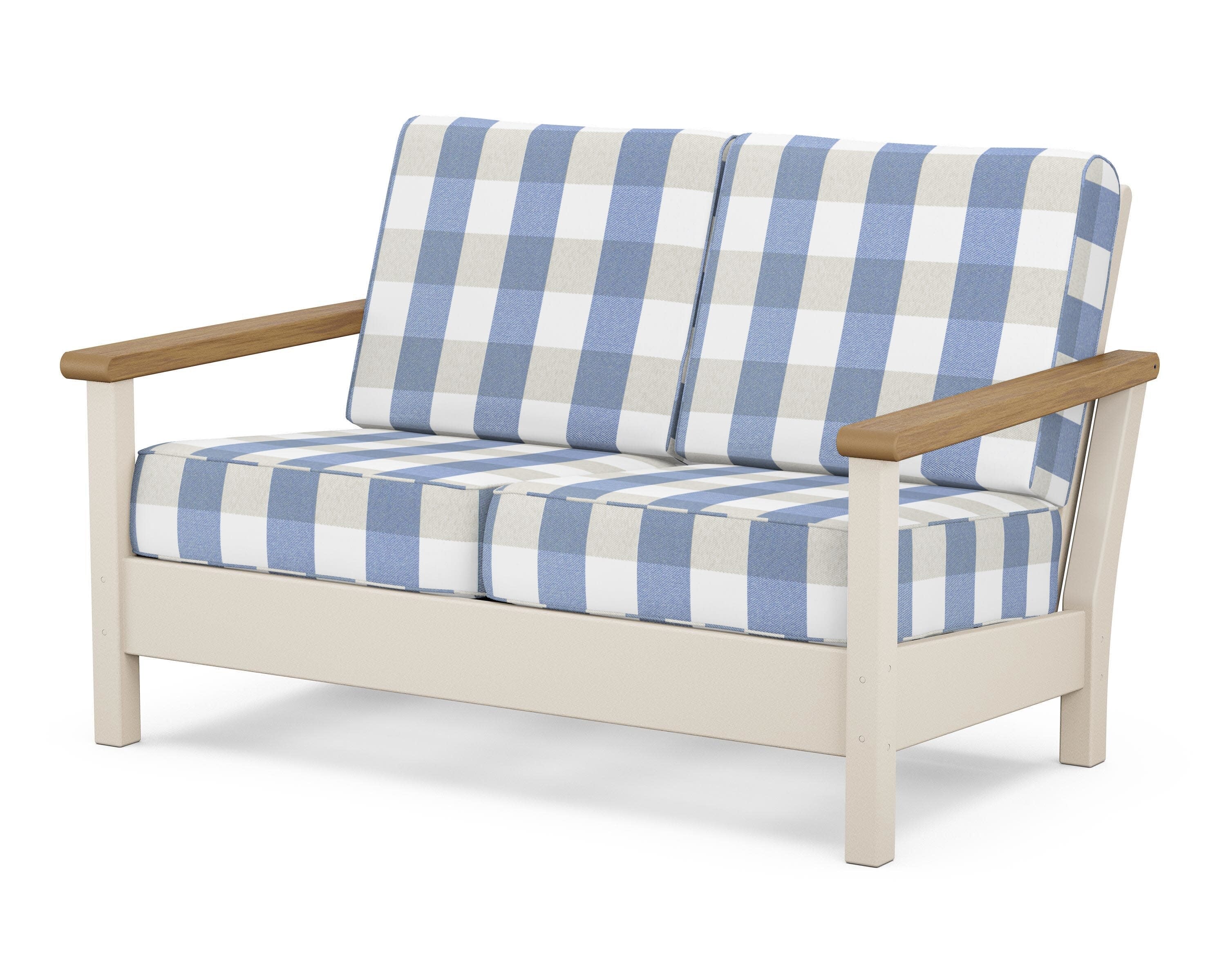 Harbour Deep Seating Loveseat in Sand / Natural / Buffalo Plaid Sky Blue