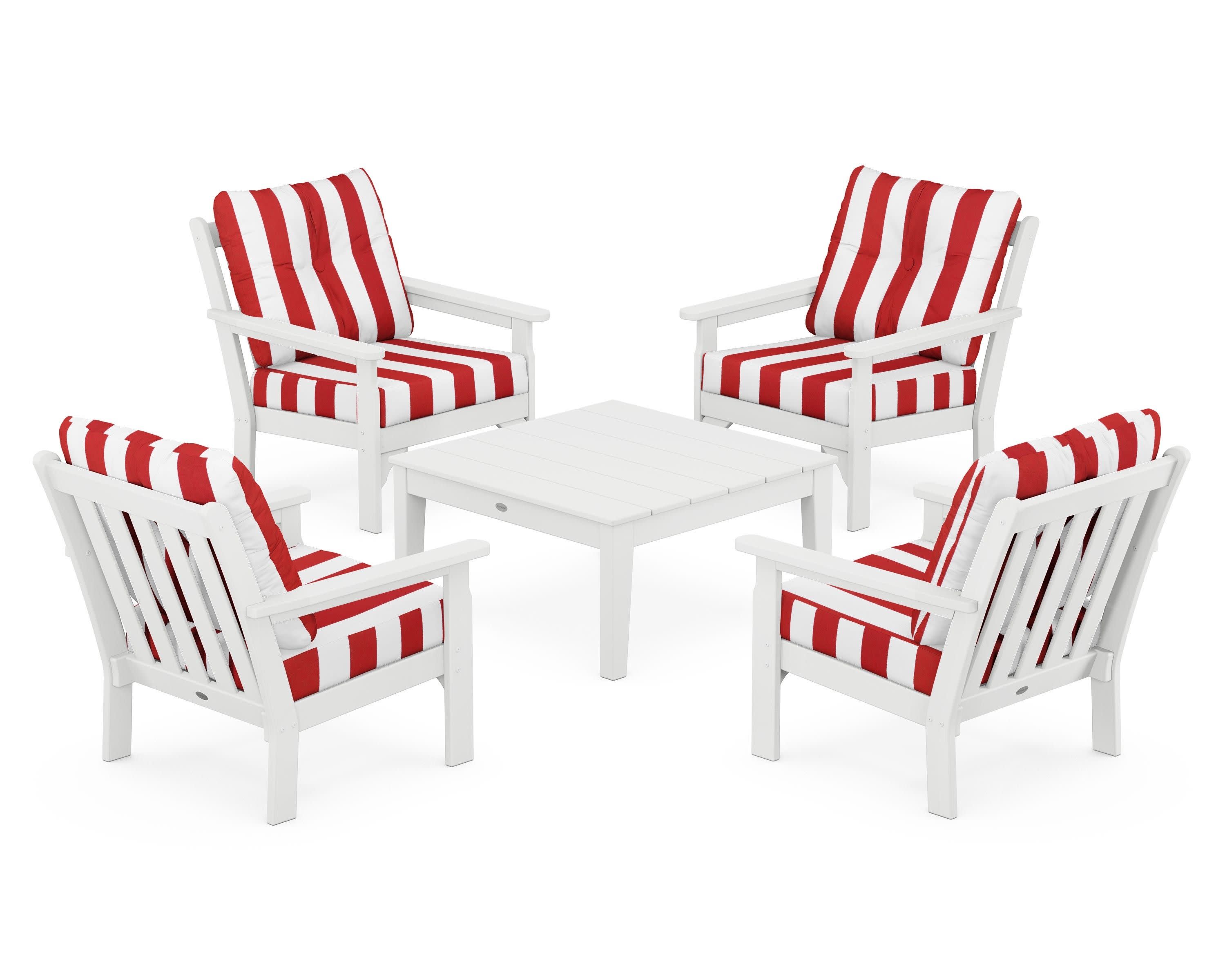 Vineyard 5-Piece Deep Seating Conversation Set in White / Cabana Stripe Crimson