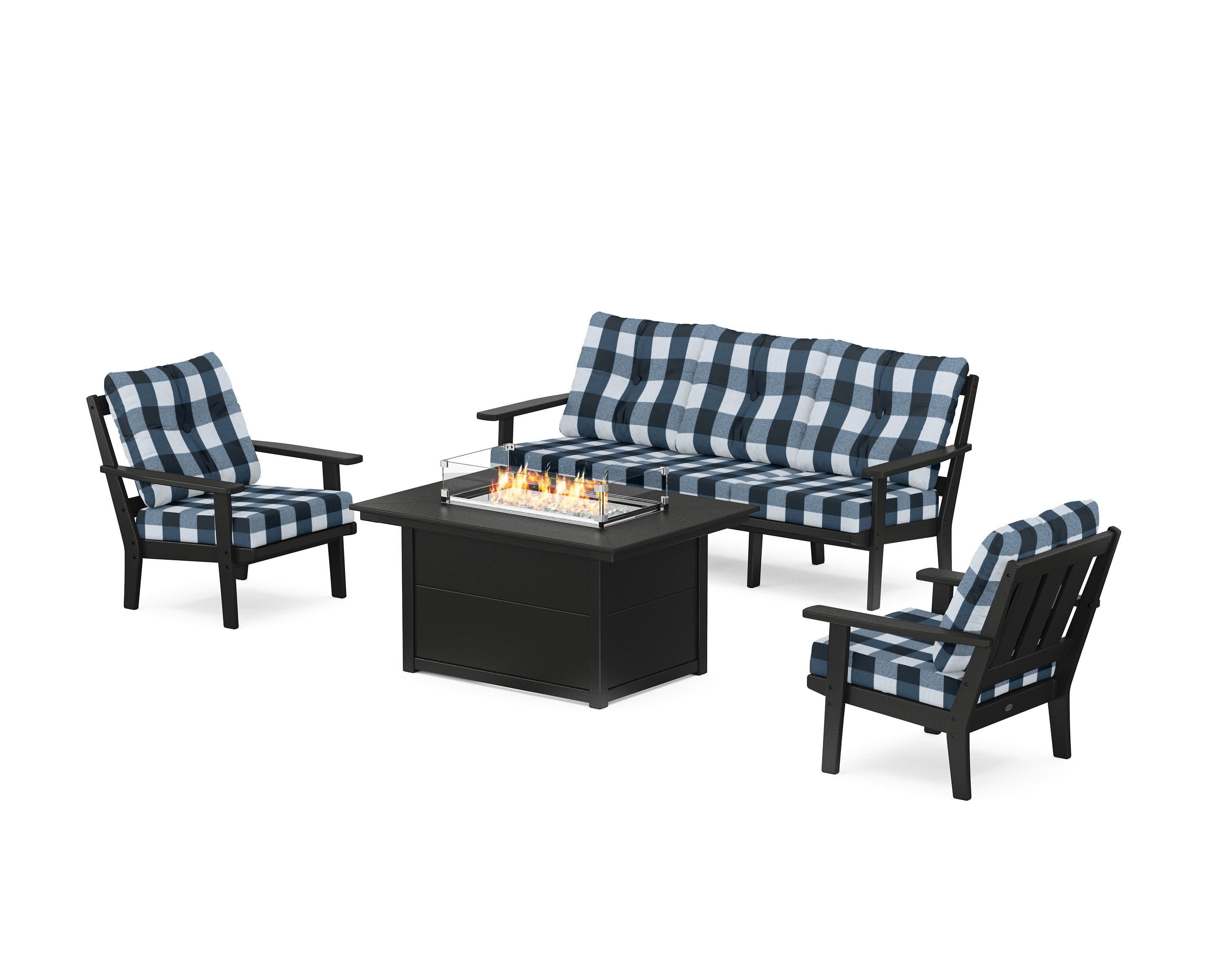 Oxford Deep Seating Fire Pit Table Set in Black / Buffalo Plaid Marine Indigo