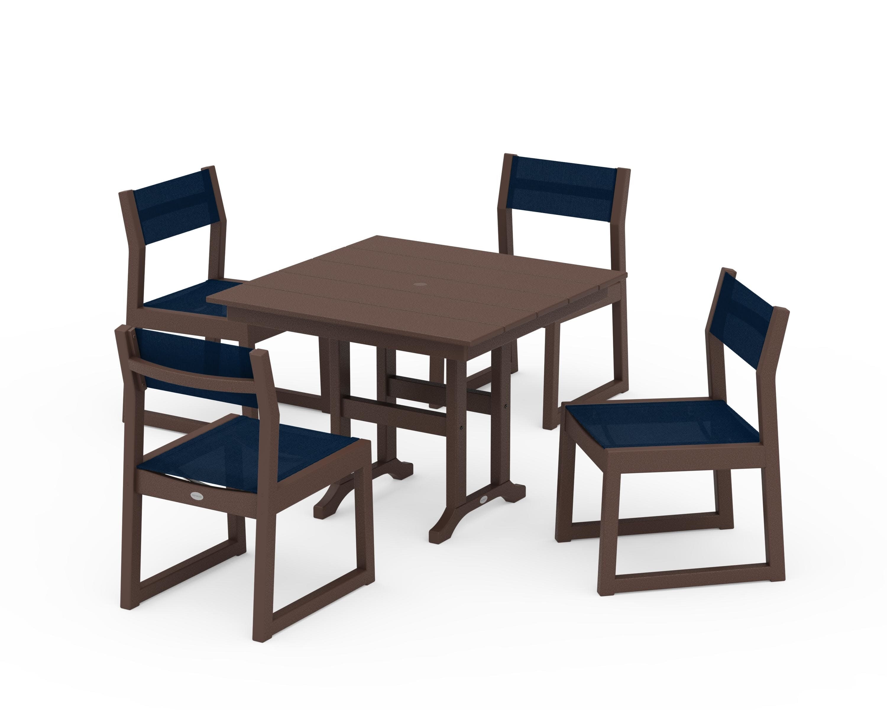 EDGE Sling Side Chair 5-Piece Farmhouse Dining Set in Mahogany / Navy Blue Sling