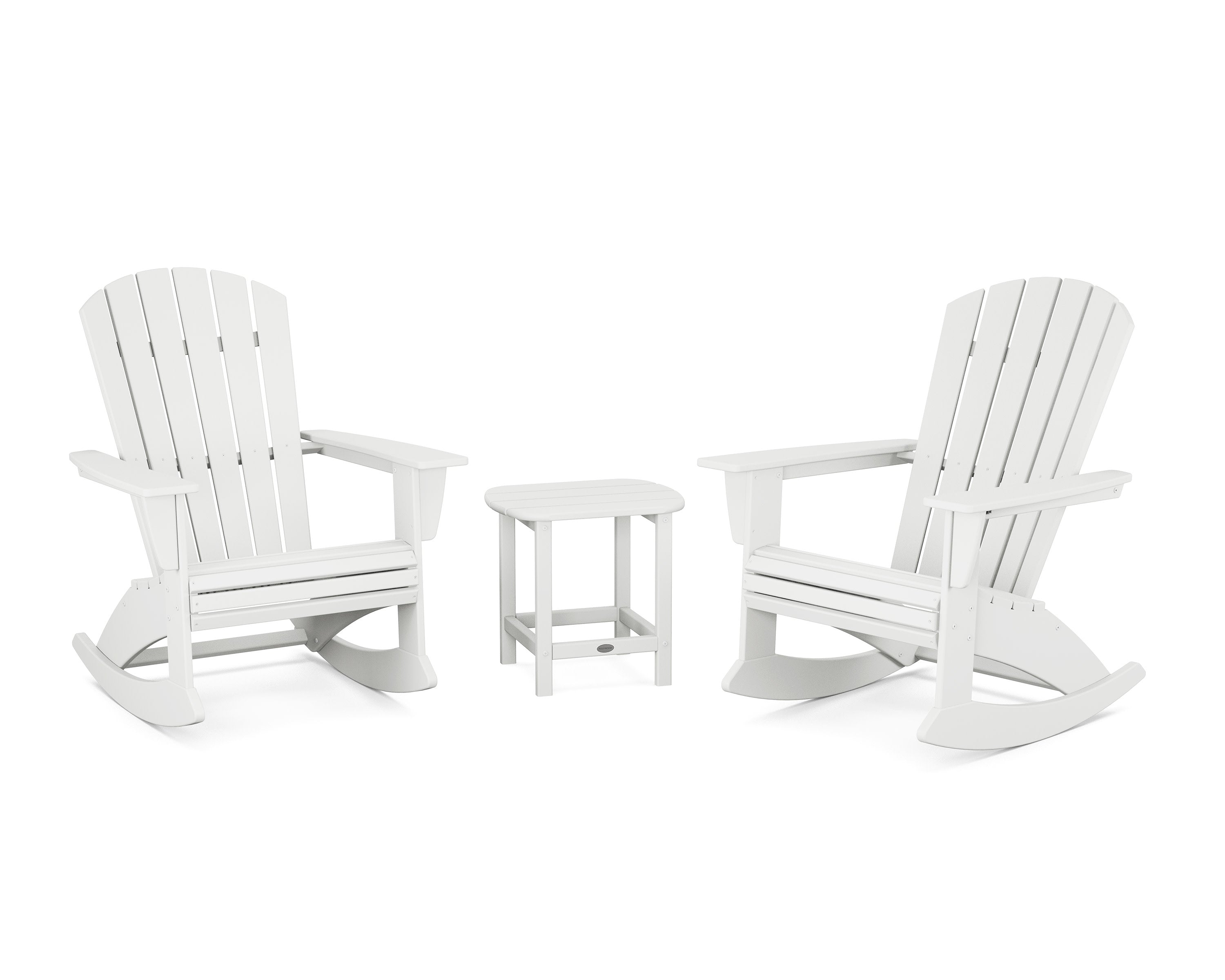 Nautical Curveback 3-Piece Adirondack Rocking Chair Set in White