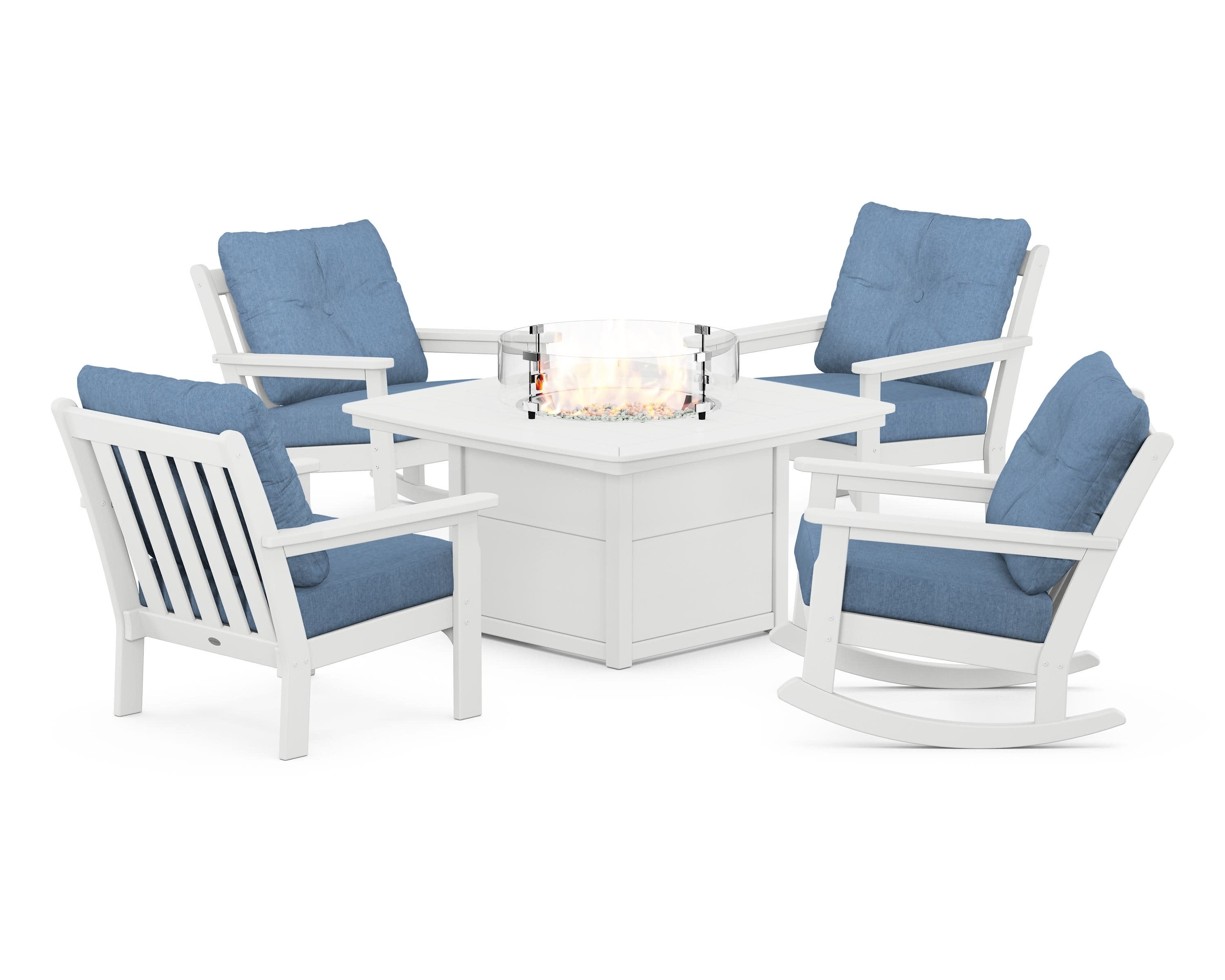 Vineyard 5-Piece Deep Seating Rocking Chair Conversation Set with Fire Pit Table in White / Sky Blue