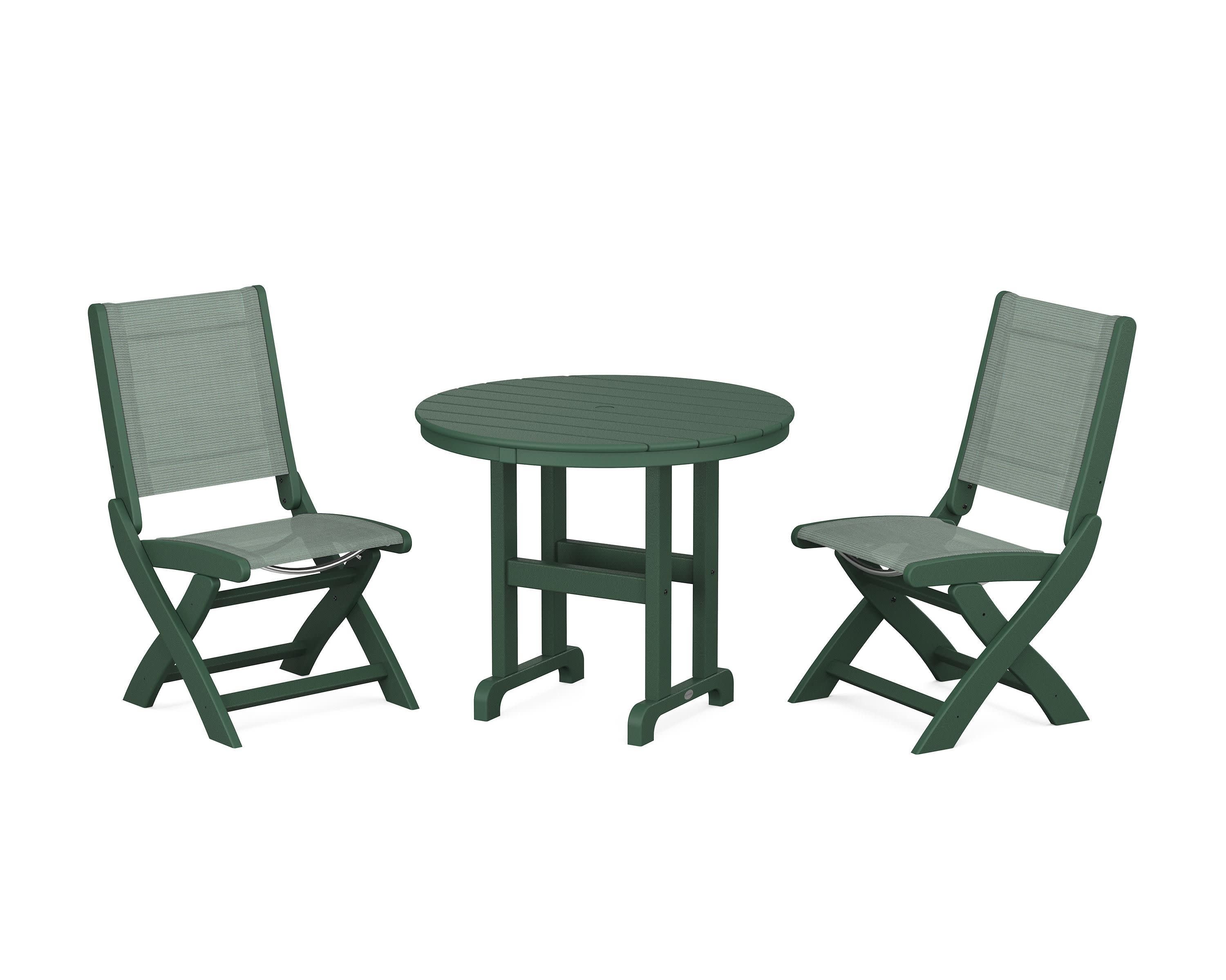 Coastal Folding Side Chair 3-Piece Round Dining Set in Green / Dupioni Sea Mist Sling