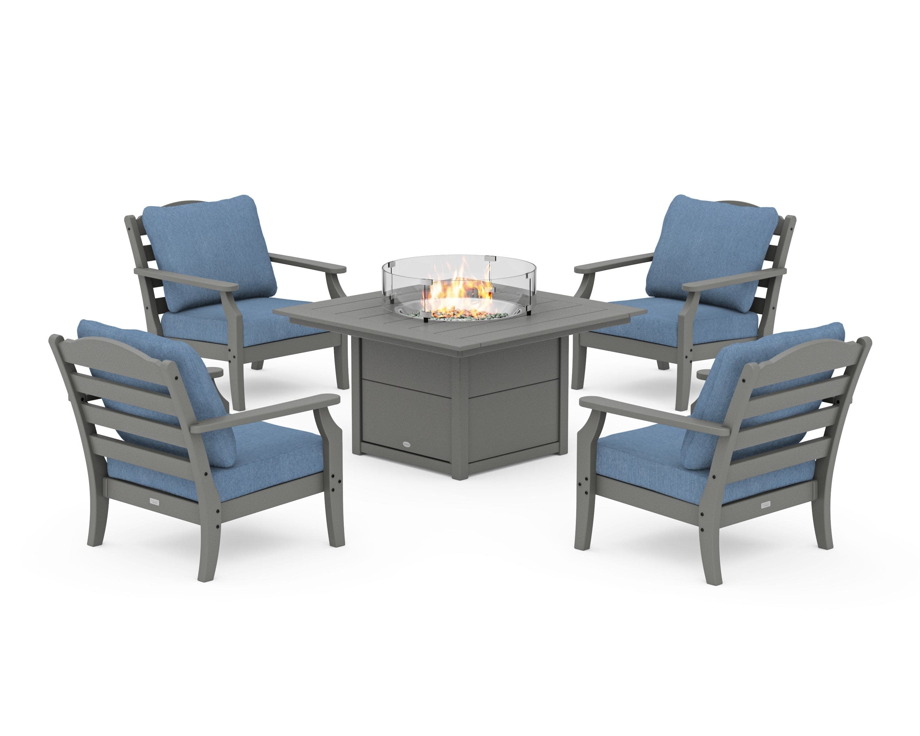 Savannah 5-Piece Deep Seating Set with Fire Pit Table in Slate Grey / Sky Blue