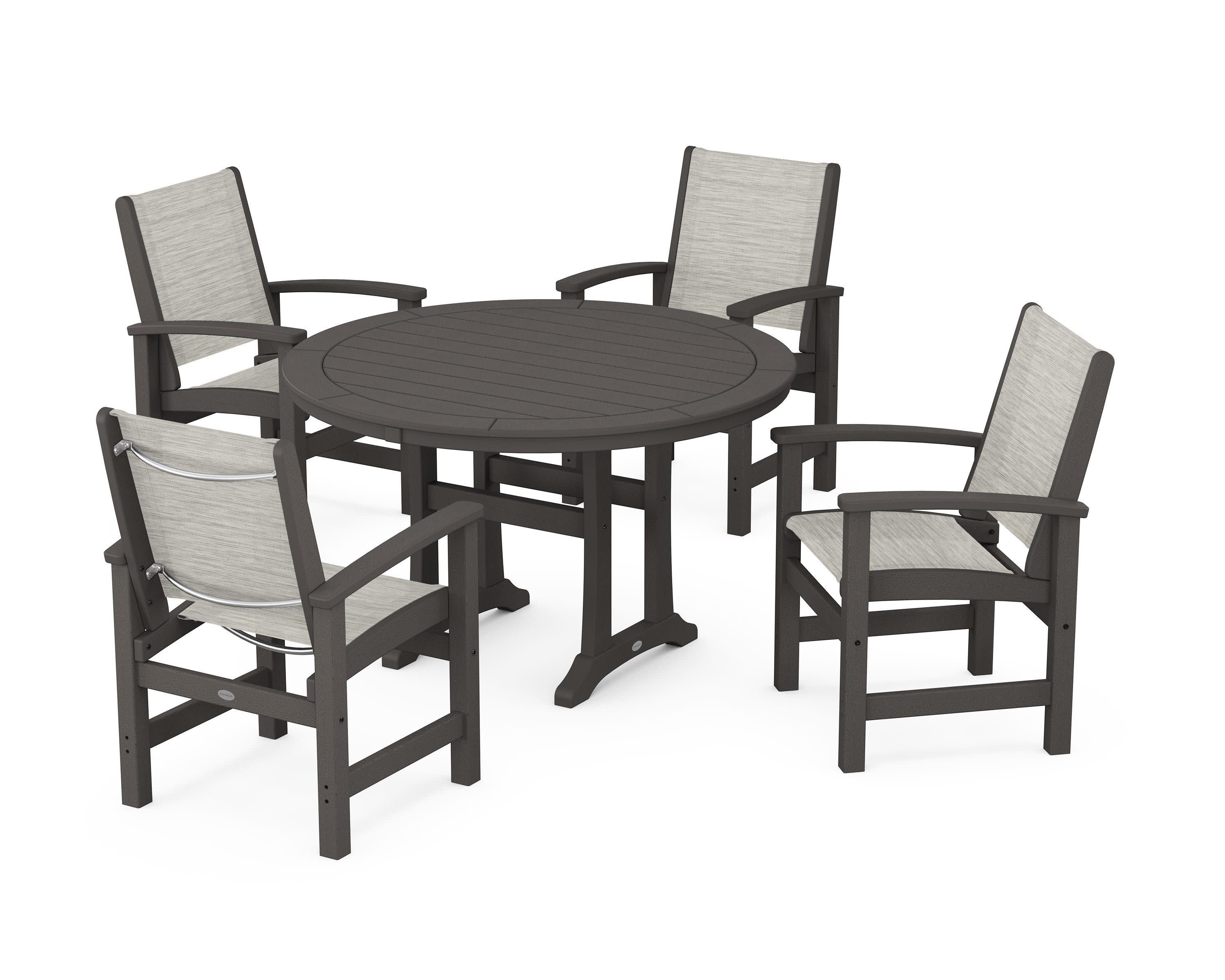 Coastal 5-Piece Round Dining Set with Trestle Legs in Vintage Coffee / Birch Sling