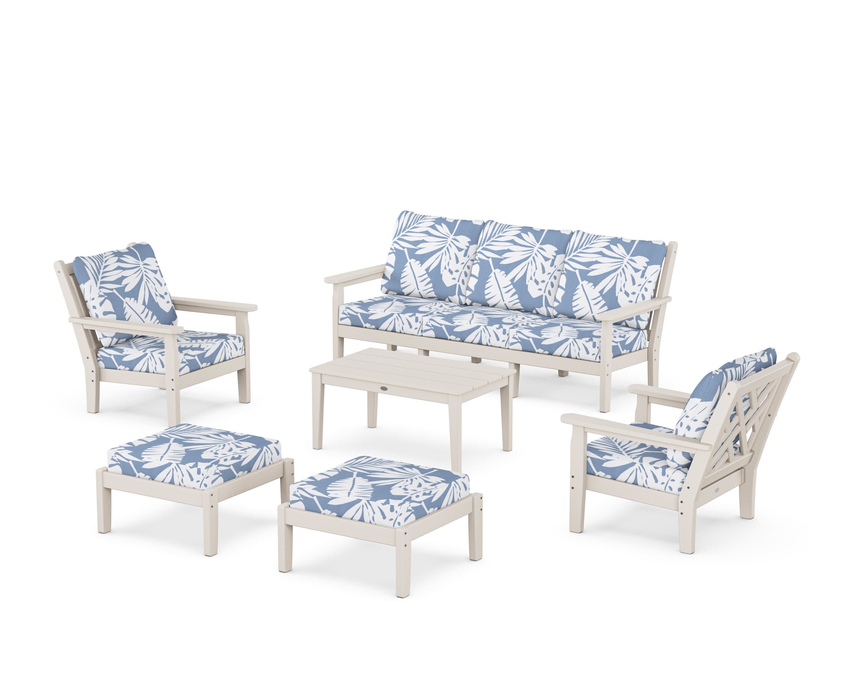 Chippendale 6-Piece Lounge Sofa Set in Sand / Leaf Sky Blue