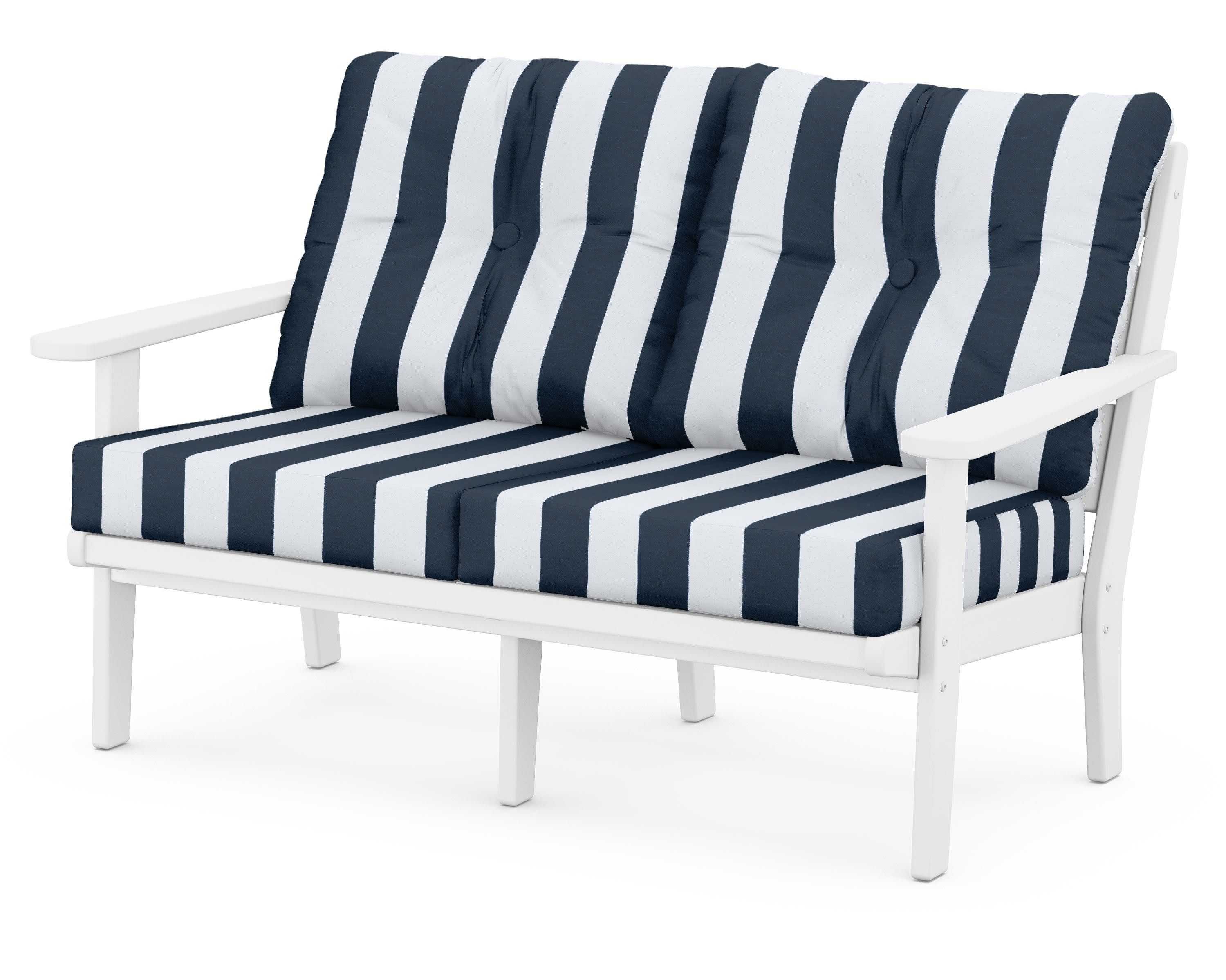 Lakeside Deep Seating Loveseat in White / Cabana Stripe Marine Indigo
