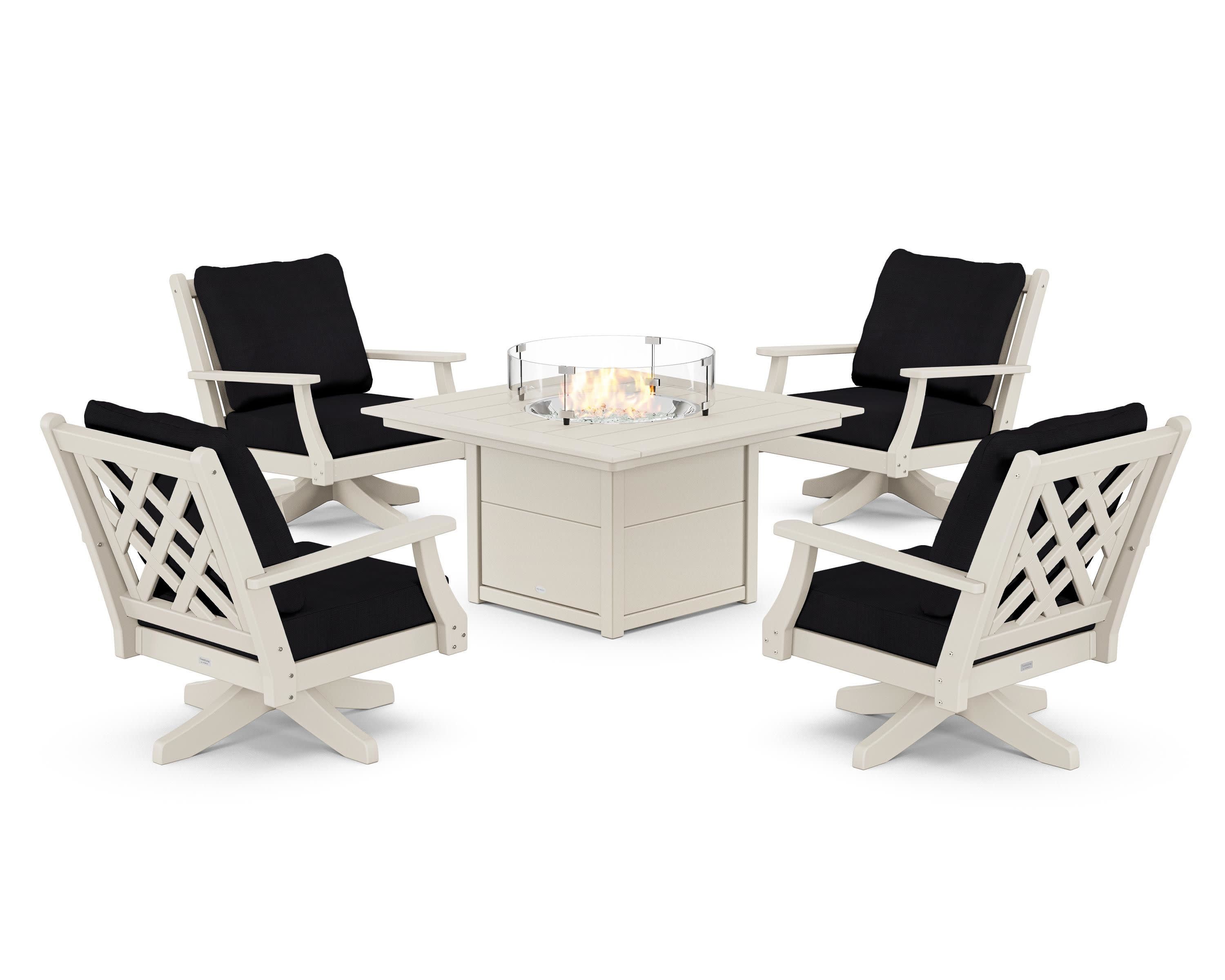 Wovendale 5-Piece Deep Seating Swivel Conversation Set with Fire Pit Table in Sand / Midnight Linen
