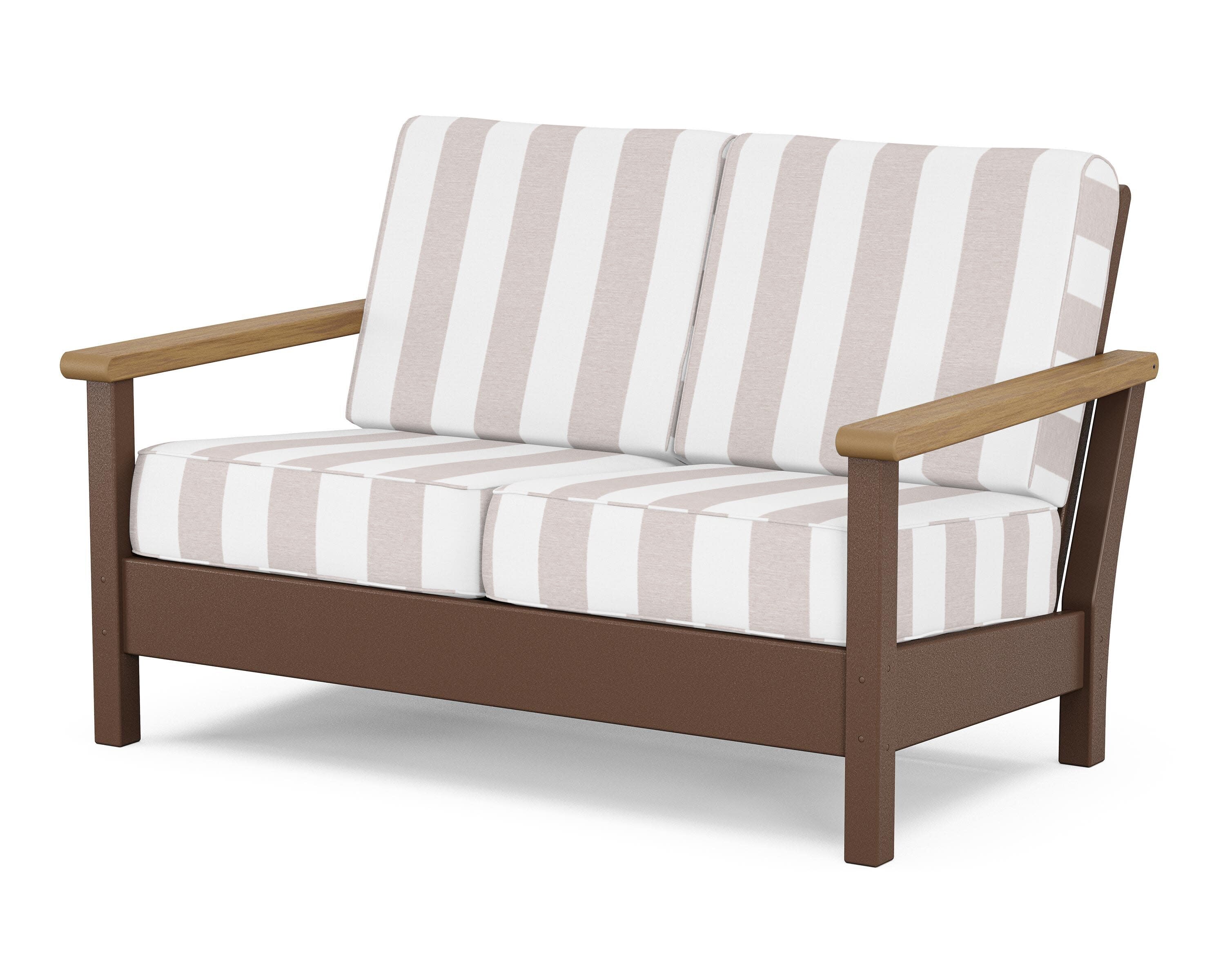 Harbour Deep Seating Loveseat in Mahogany / Natural / Cabana Stripe Dune Burlap