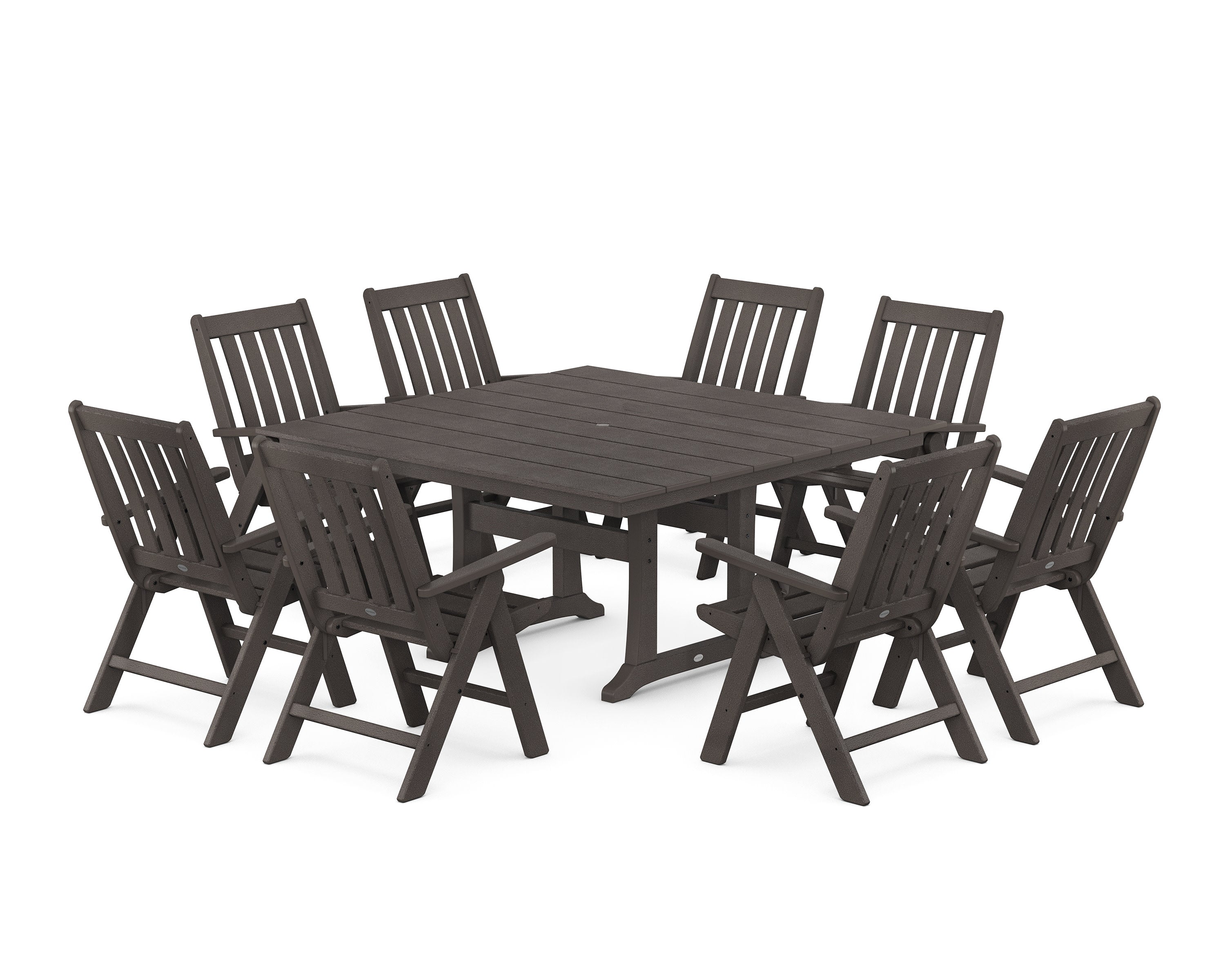 Vineyard Folding Chair 9-Piece Square Farmhouse Dining Set with Trestle Legs in Vintage Coffee