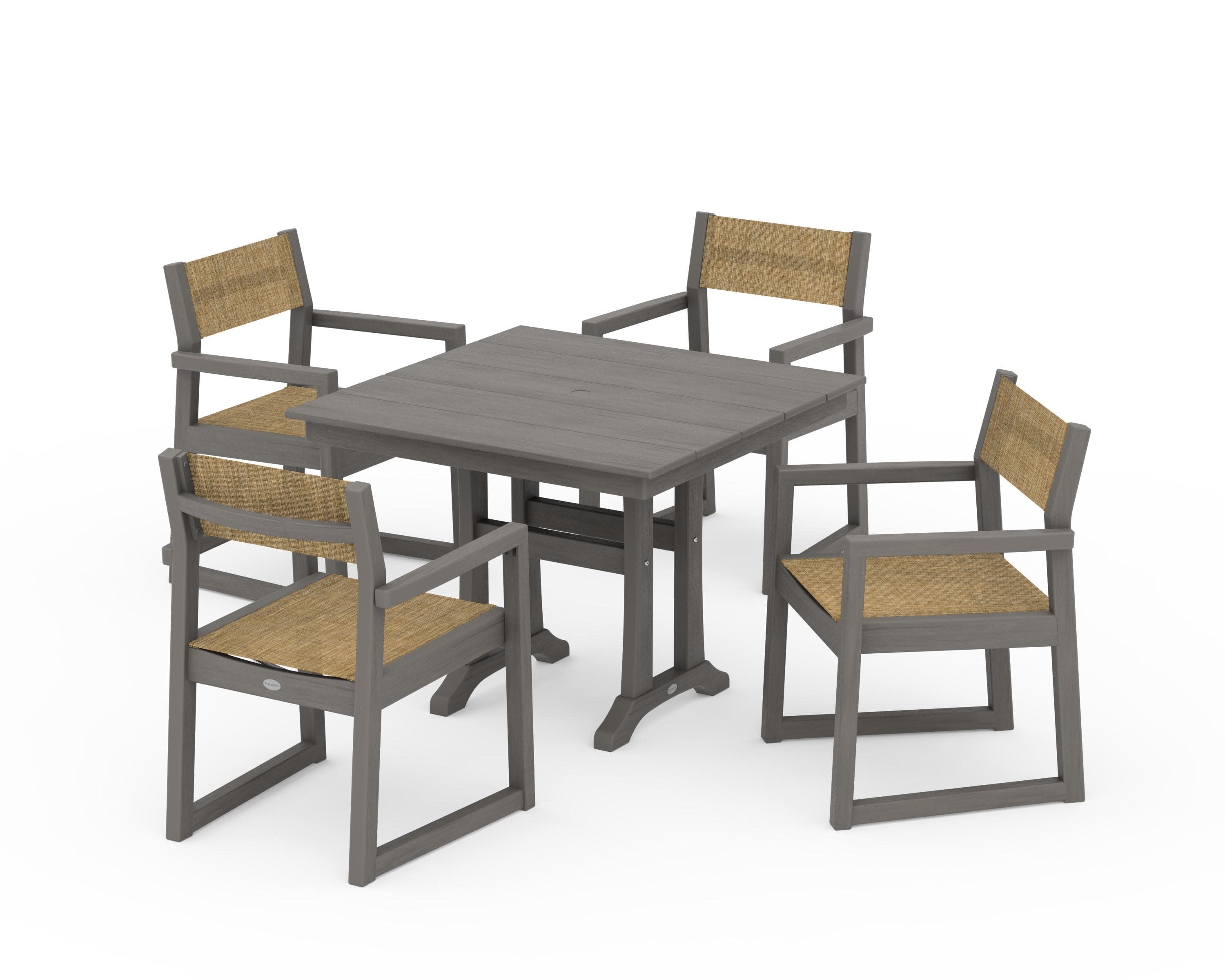 EDGE Sling 5-Piece Farmhouse Dining Set with Trestle Legs in Driftwood / Burlap Sling