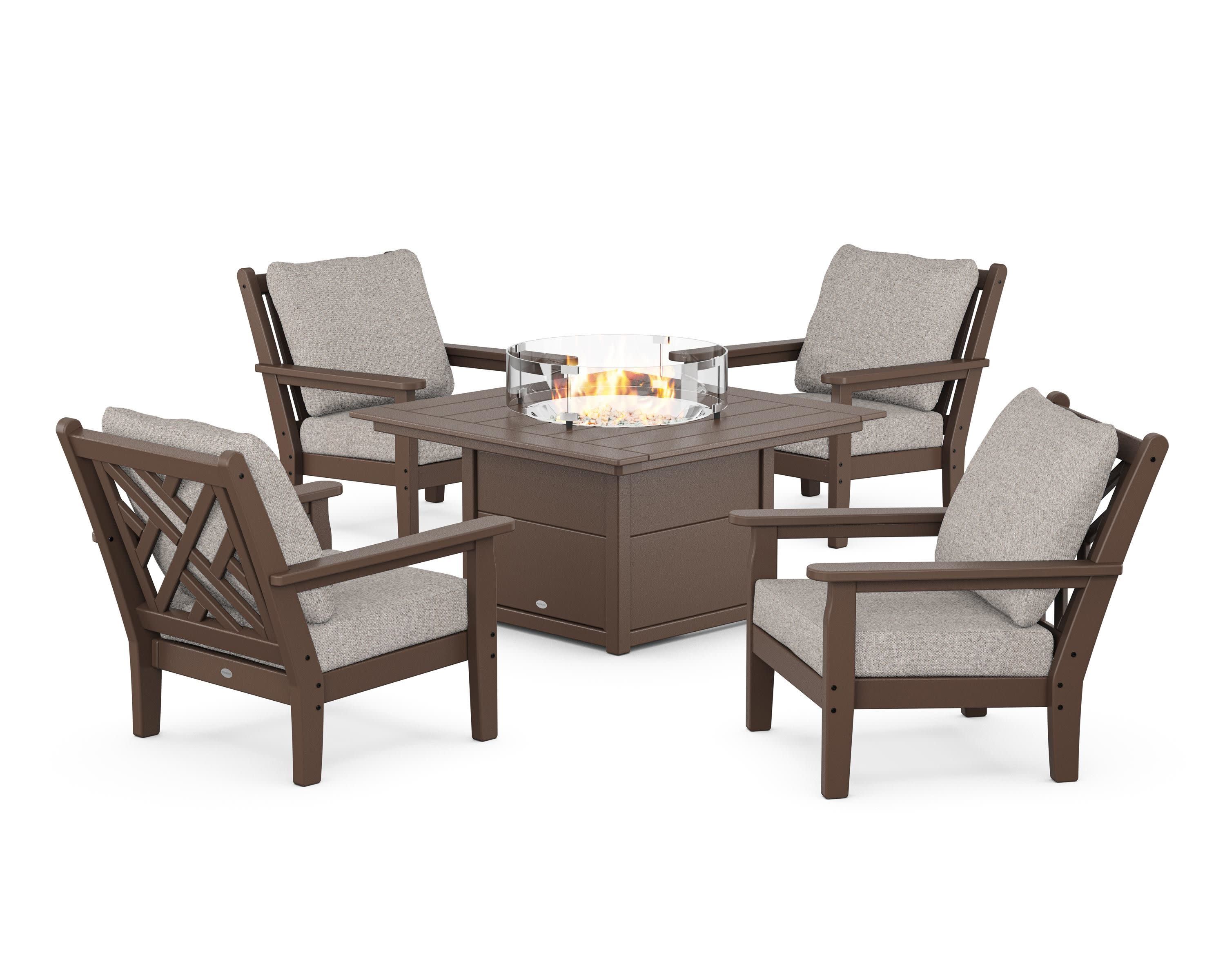 Chippendale 5-Piece Deep Seating Set with Fire Pit Table in Mahogany / Weathered Tweed