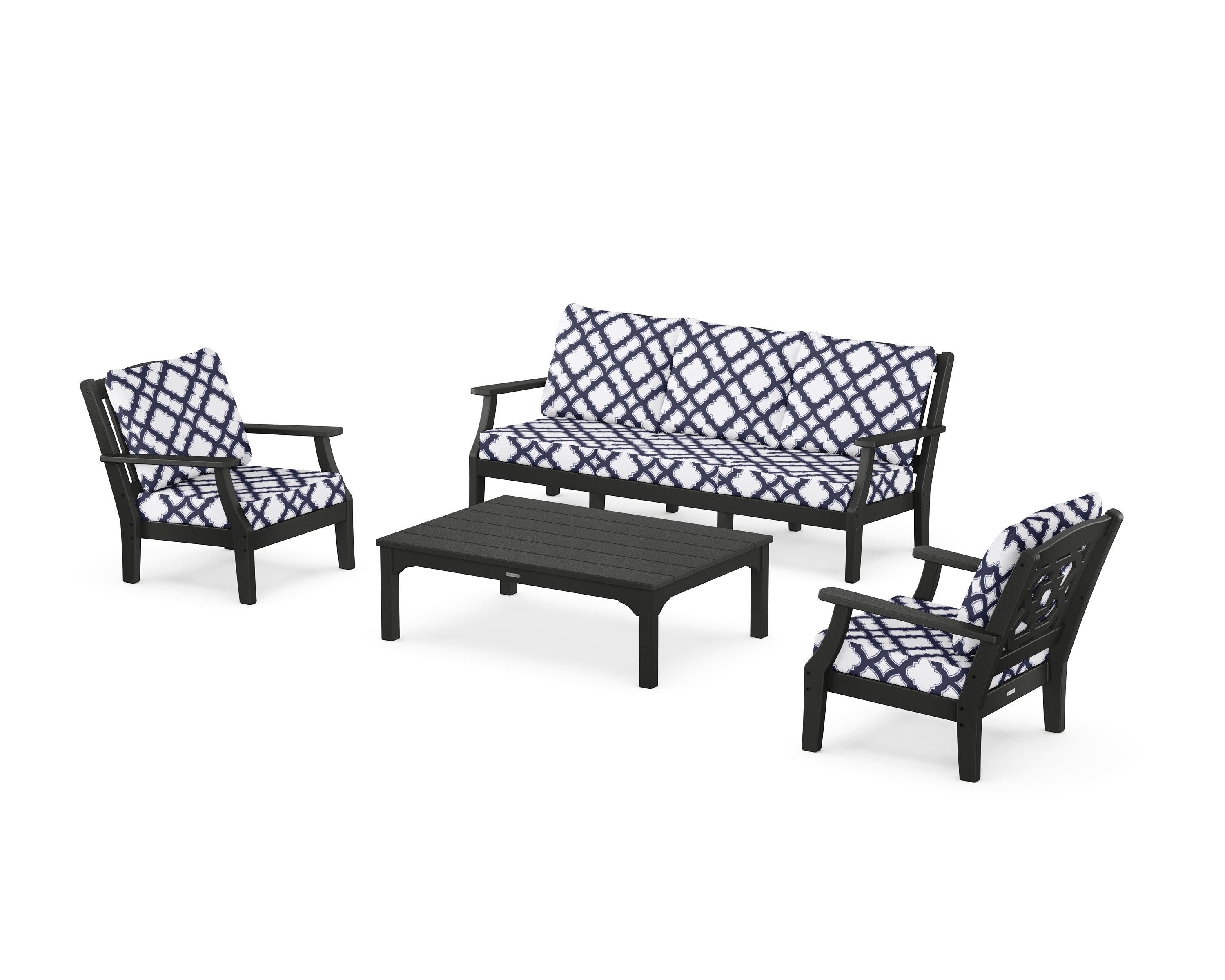 Chinoiserie 4-Piece Deep Seating Set with Sofa in Black / Trellis Navy