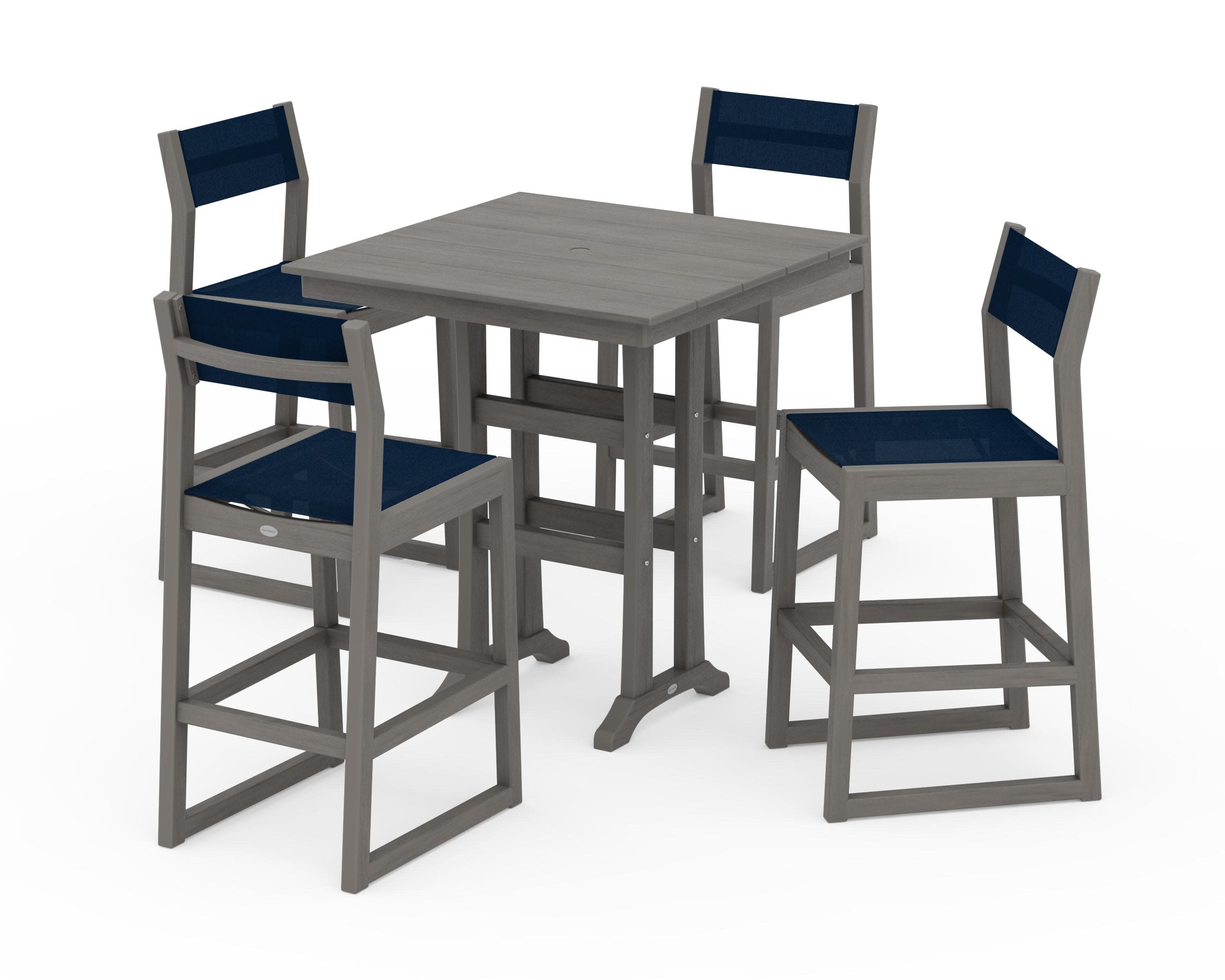 EDGE Sling Arm Chair 5-Piece Farmhouse Bar Set with Trestle Legs in Driftwood / Navy Blue Sling