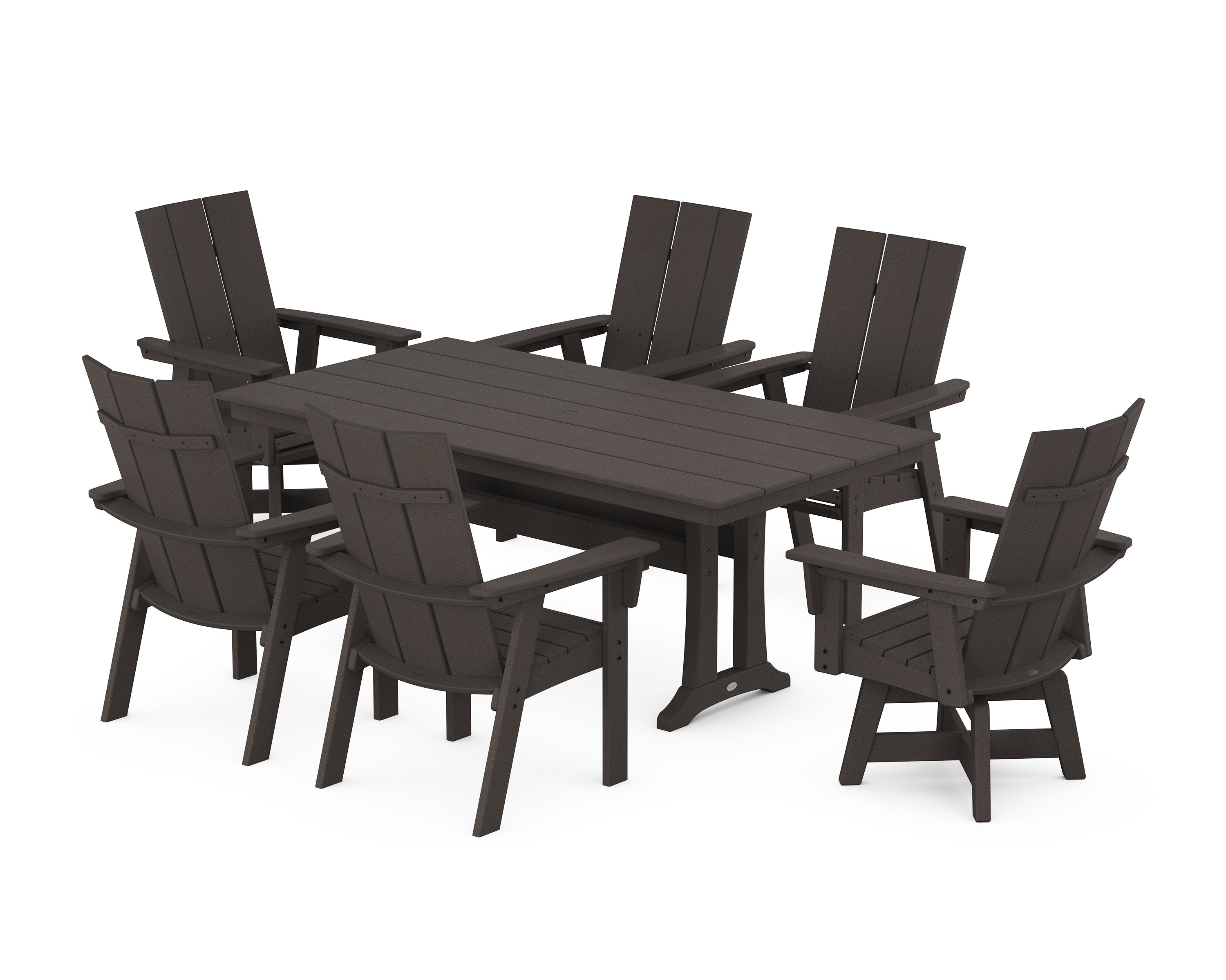 Modern Curveback Adirondack Swivel Chair 7-Piece Farmhouse Dining Set With Trestle Legs in Vintage Coffee