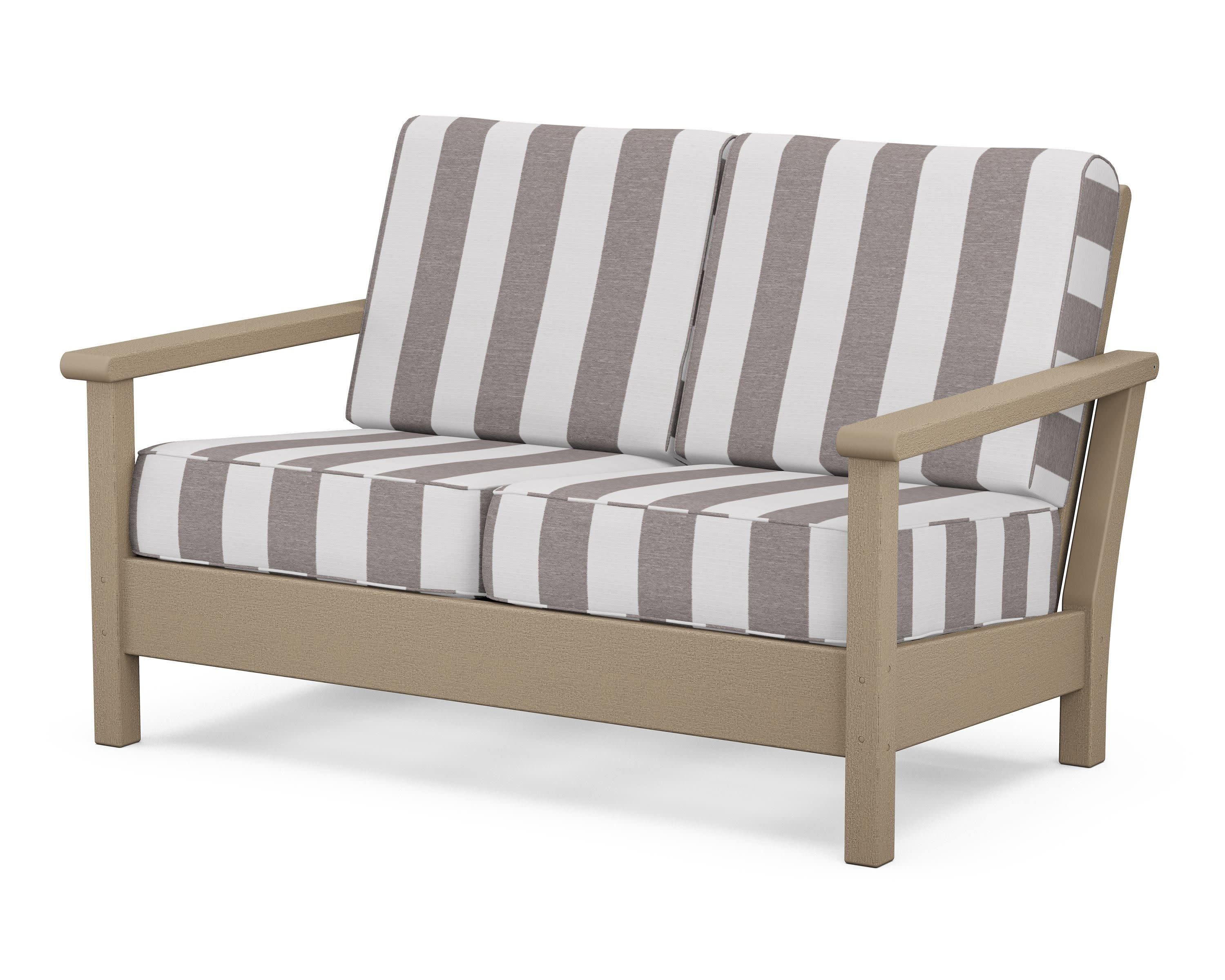 Harbour Deep Seating Loveseat in Vintage Sahara / Cabana Stripe Grey Mist