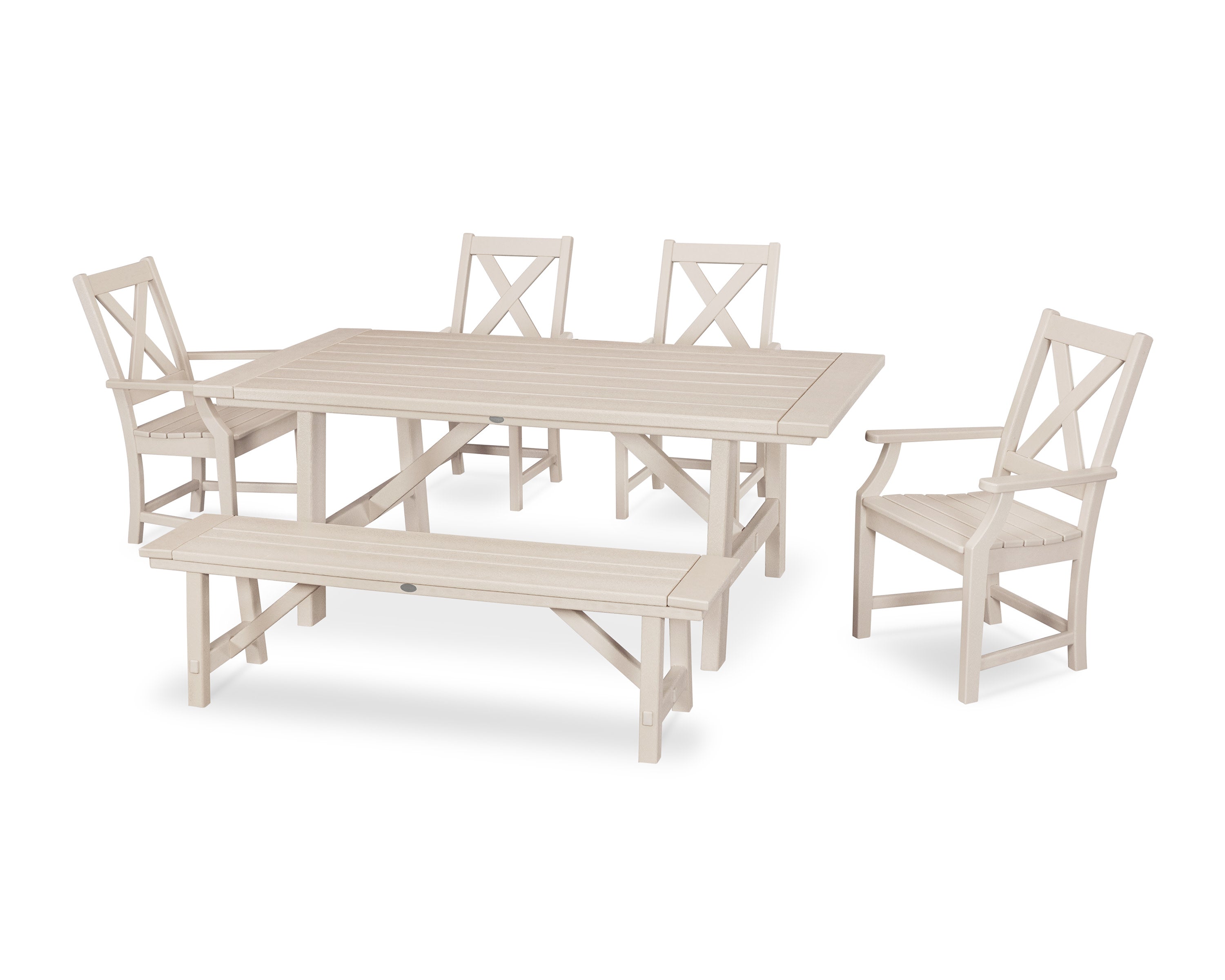 Braxton 6-Piece Rustic Farmhouse Arm Chair Dining Set with Bench in Sand