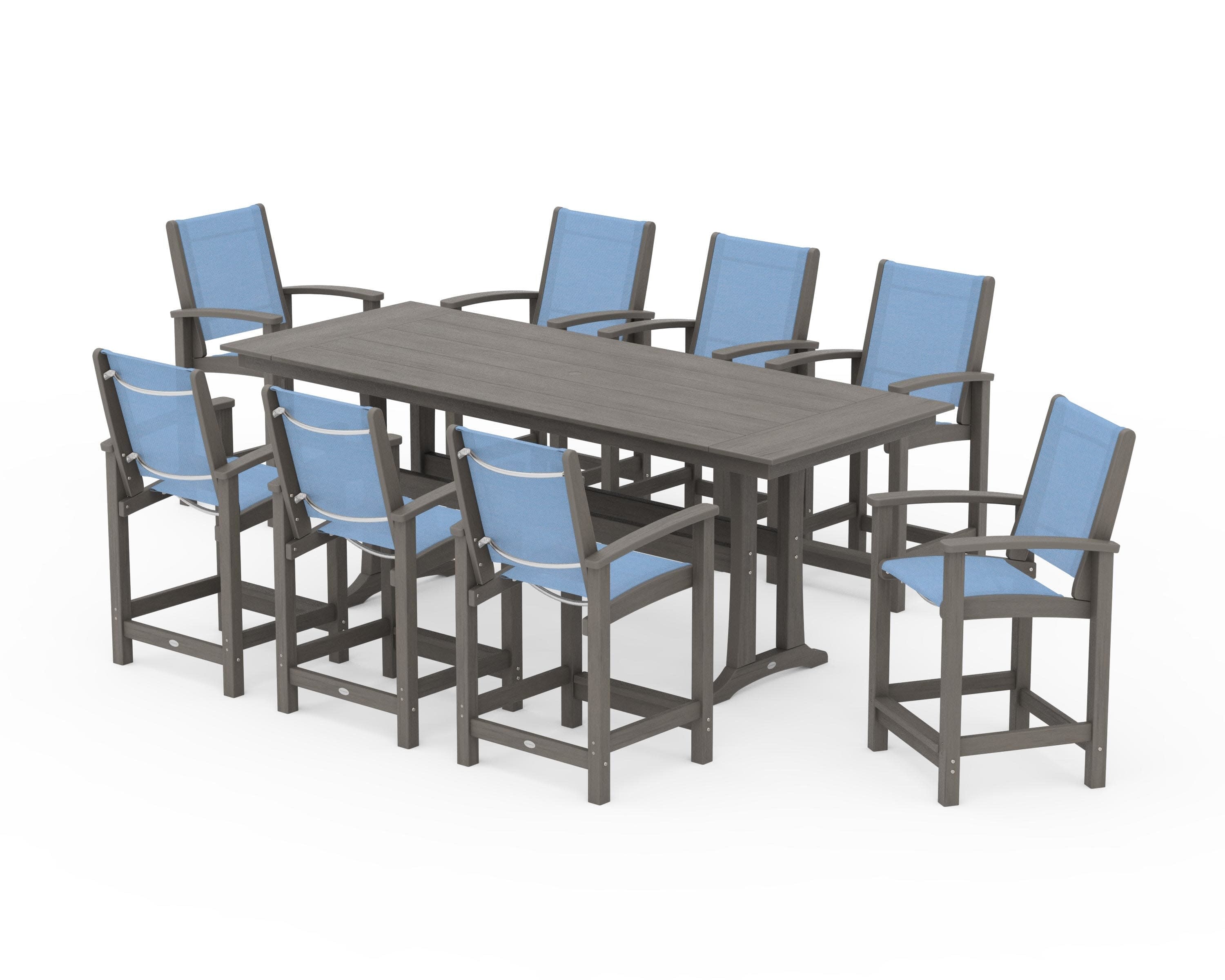 Coastal 9-Piece Farmhouse Counter Set with Trestle Legs in Driftwood / Poolside Sling