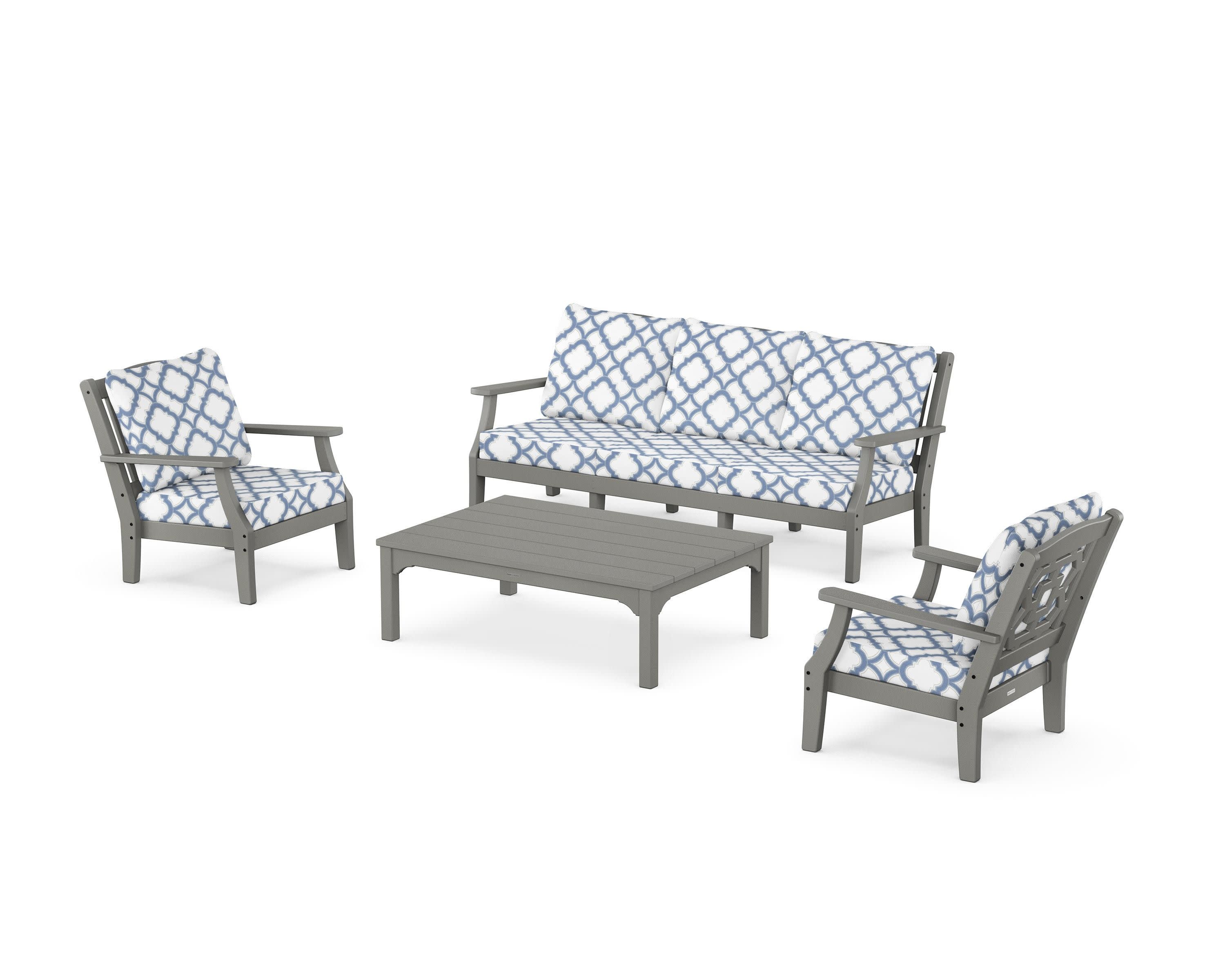 Chinoiserie 4-Piece Deep Seating Set with Sofa in Slate Grey / Trellis Sky Blue