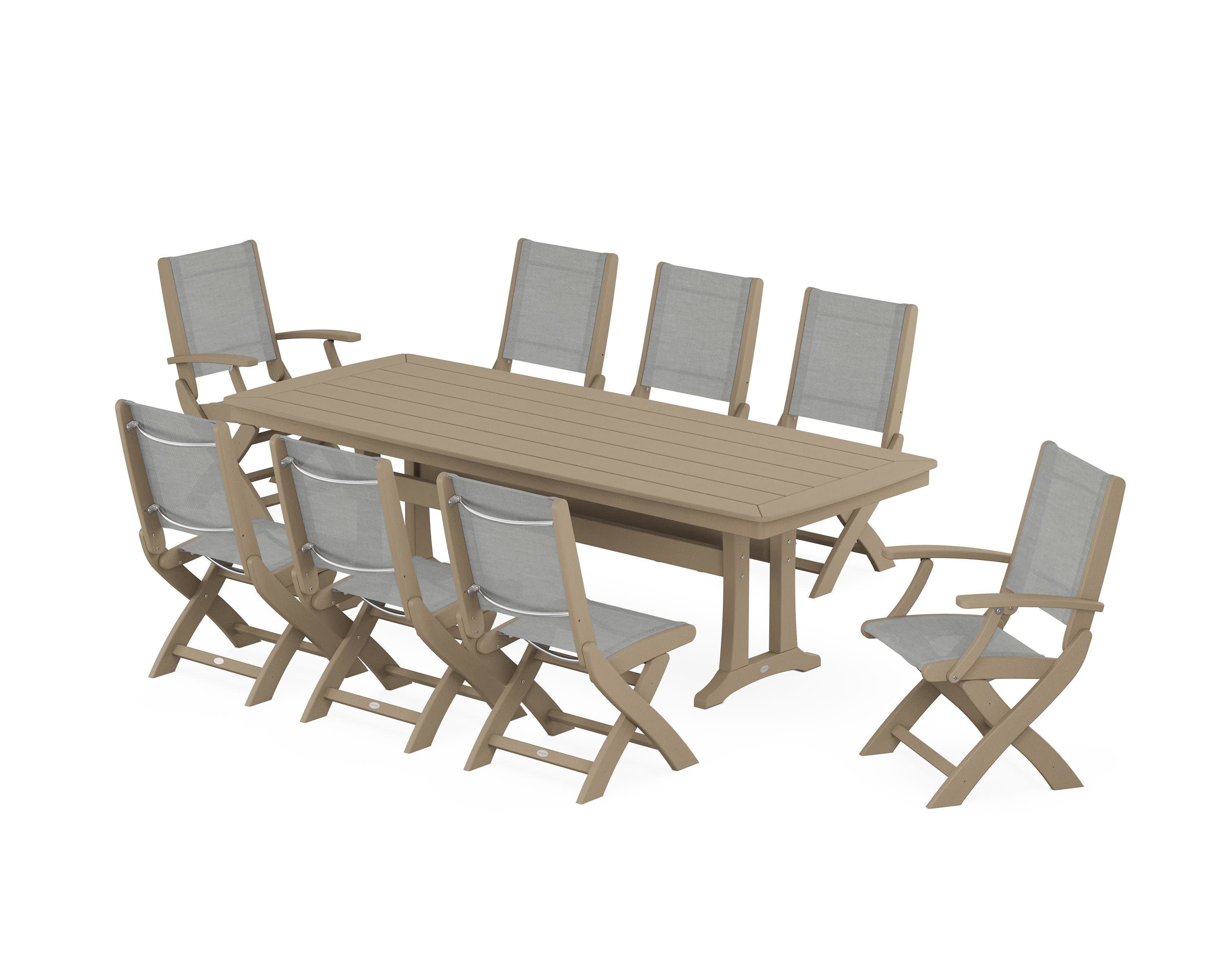 Coastal Folding 9-Piece Dining Set with Trestle Legs in Vintage Sahara / Metallic Sling
