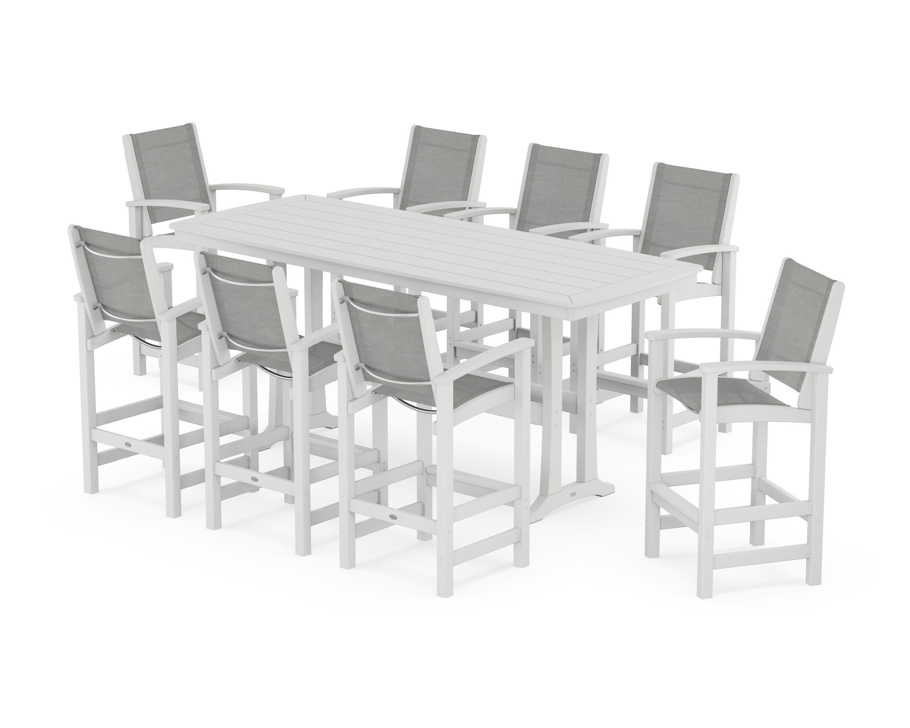 Coastal 9-Piece Bar Set with Trestle Legs in White / Metallic Sling