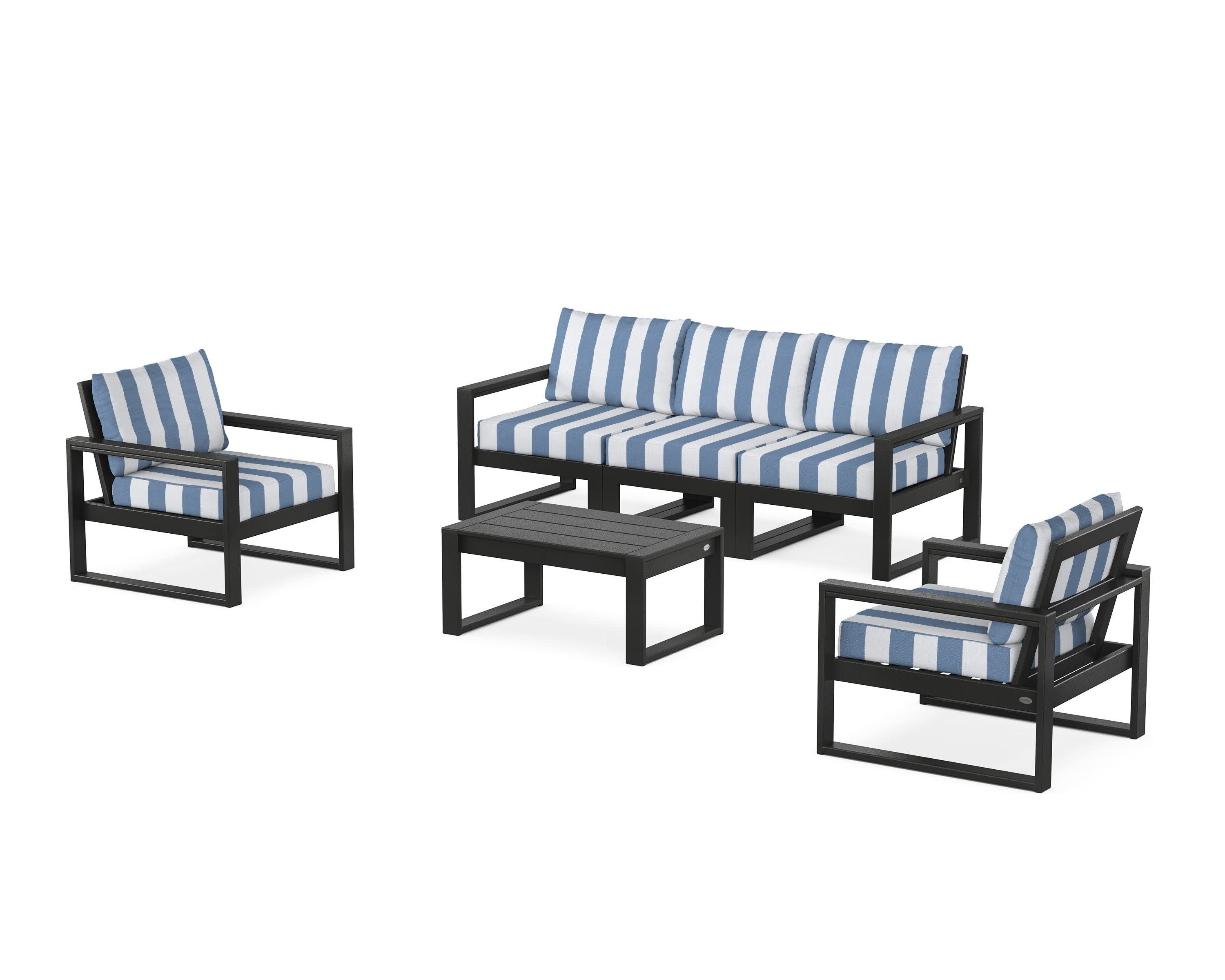 EDGE Sectional 4-Piece Deep Seating Set with Sofa in Black / Cabana Stripe Sky Blue