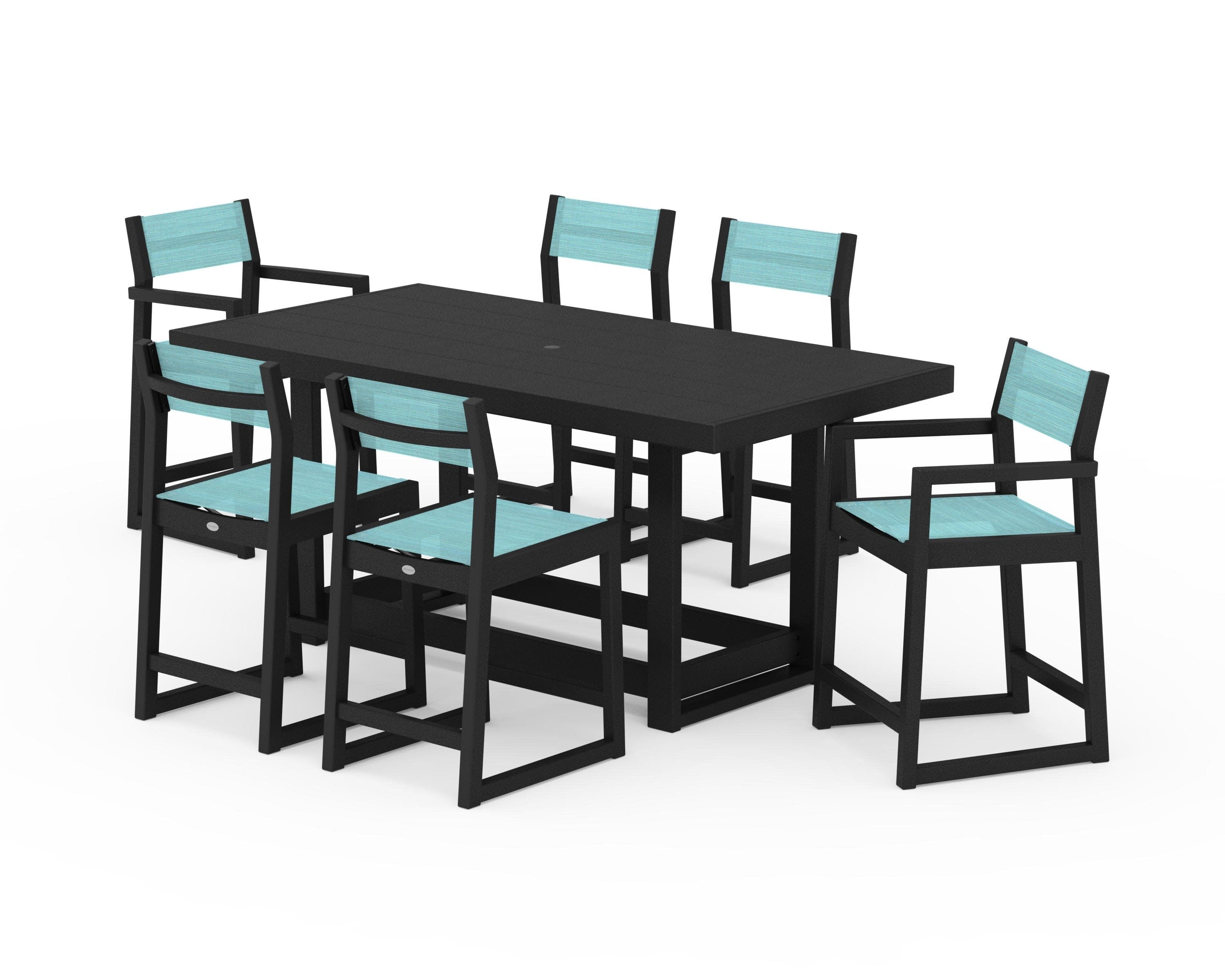 EDGE Sling 7-Piece Counter Table Set in Black / Dupioni Aquamarine Sling