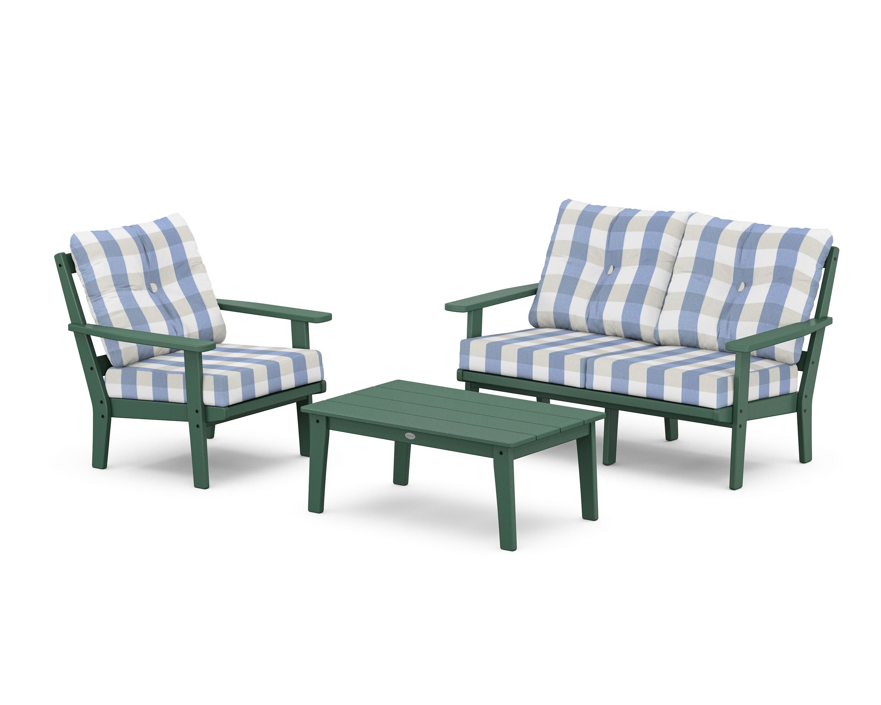 Oxford 3-Piece Deep Seating Set with Loveseat in Green / Buffalo Plaid Sky Blue