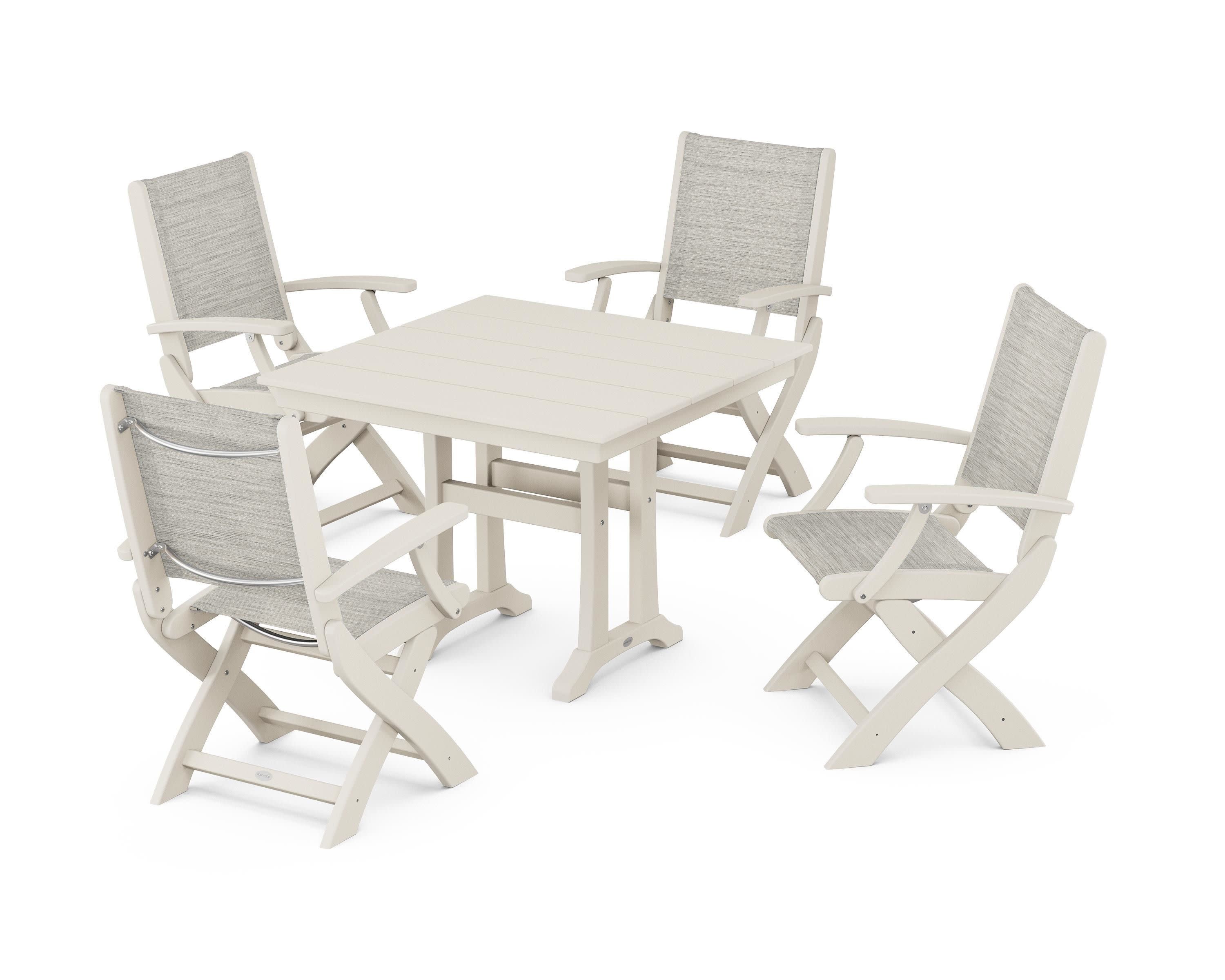 Coastal Folding Chair 5-Piece Farmhouse Dining Set With Trestle Legs in Sand / Birch Sling