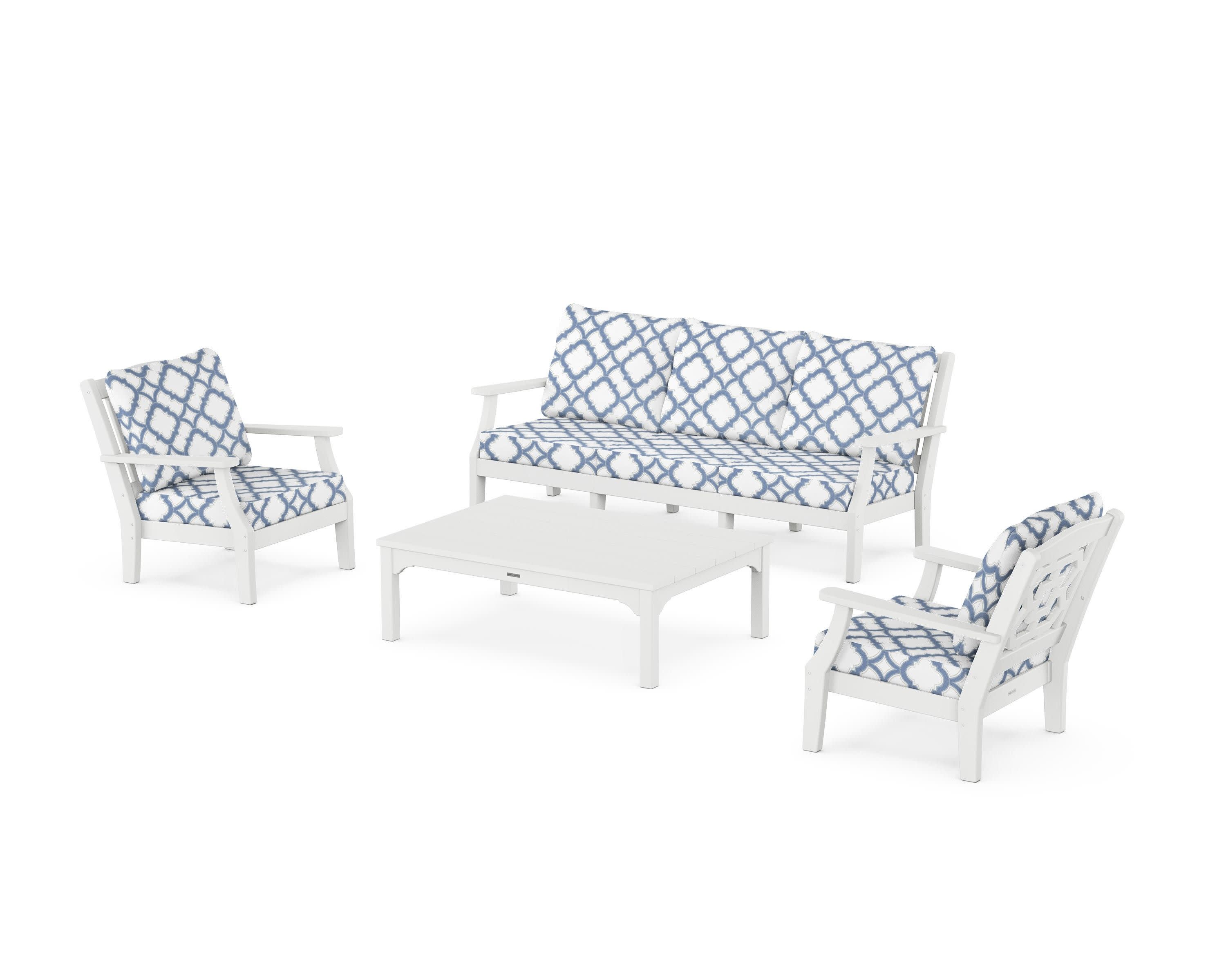 Chinoiserie 4-Piece Deep Seating Set with Sofa in White / Trellis Sky Blue