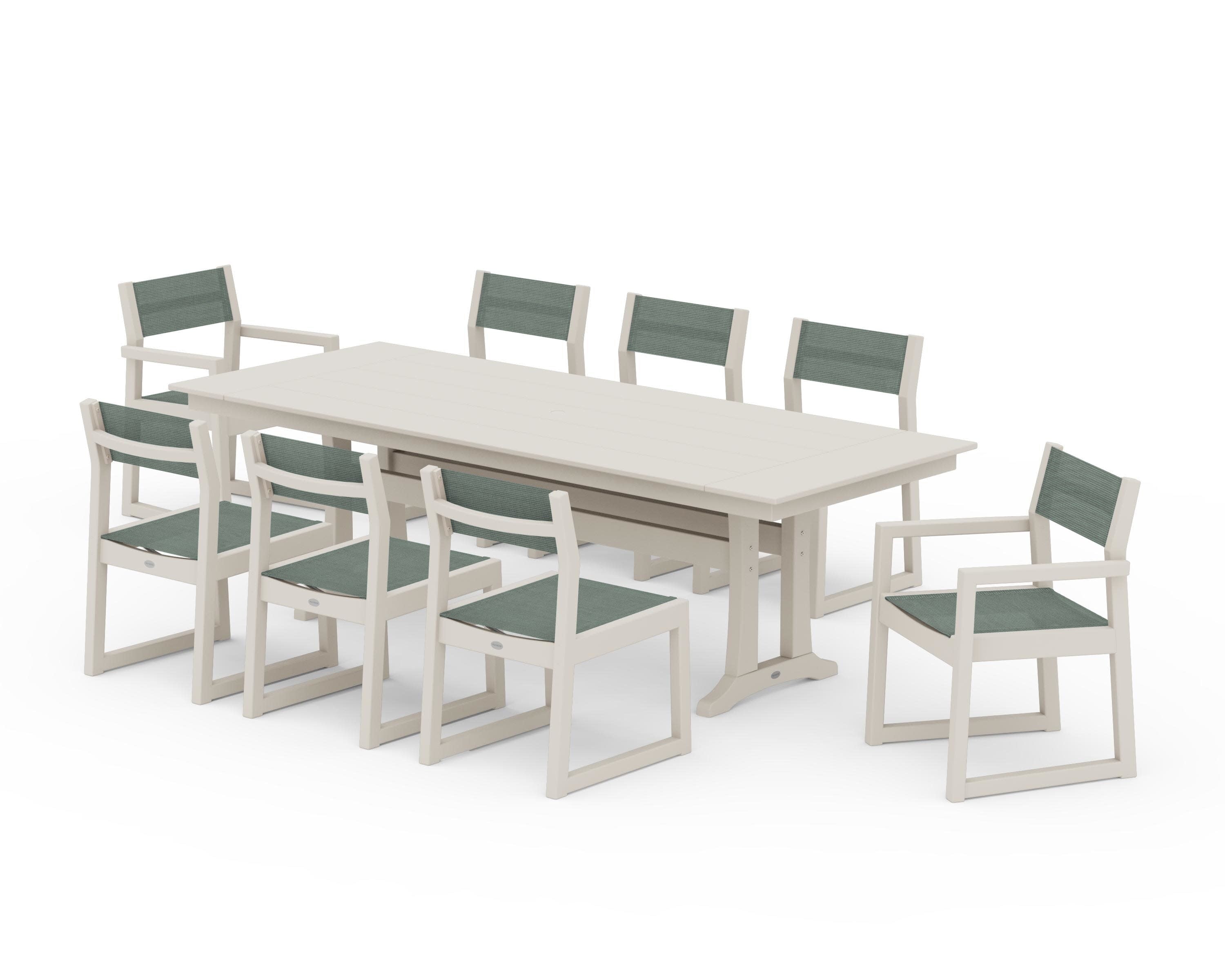 EDGE Sling 9-Piece Farmhouse Trestle Dining Set in Sand / Dupioni Sea Mist Sling