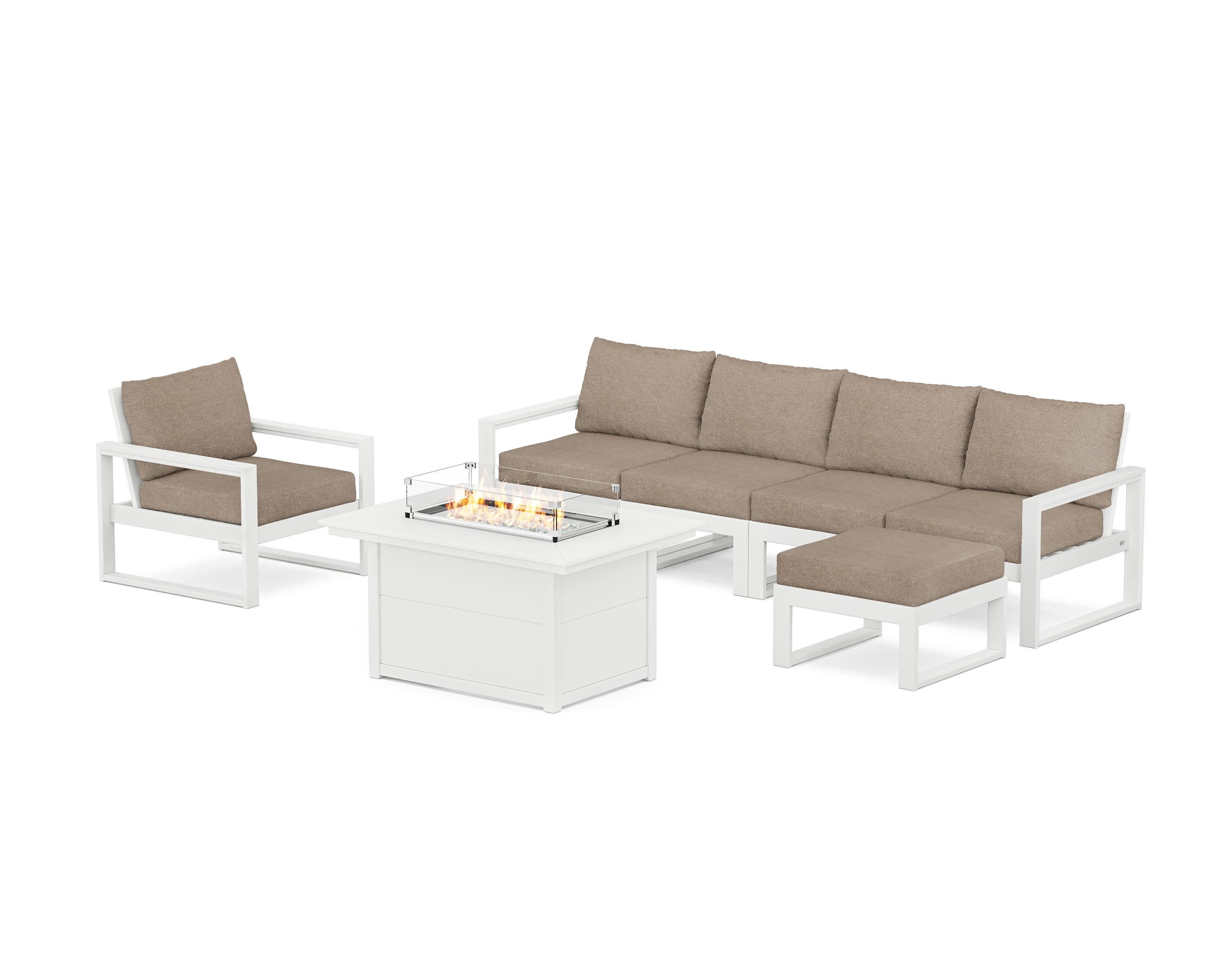 EDGE Sectional Lounge and Fire Pit Set in White / Spiced Burlap