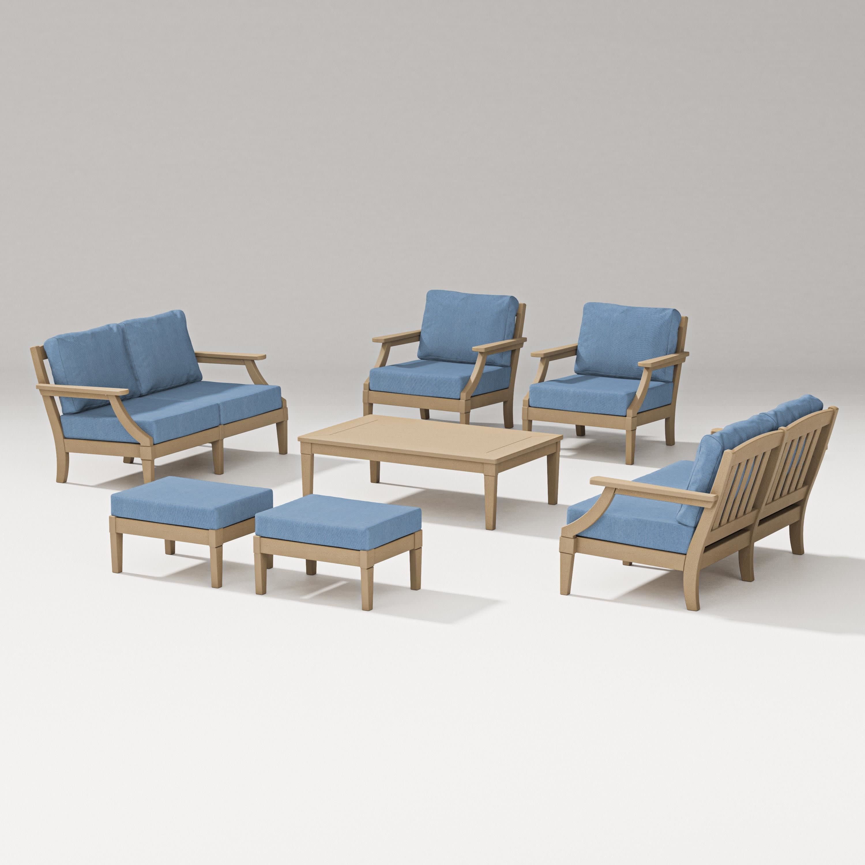 Estate 7-Piece Lounge Loveseat Set in Vintage Sahara / Sky Blue