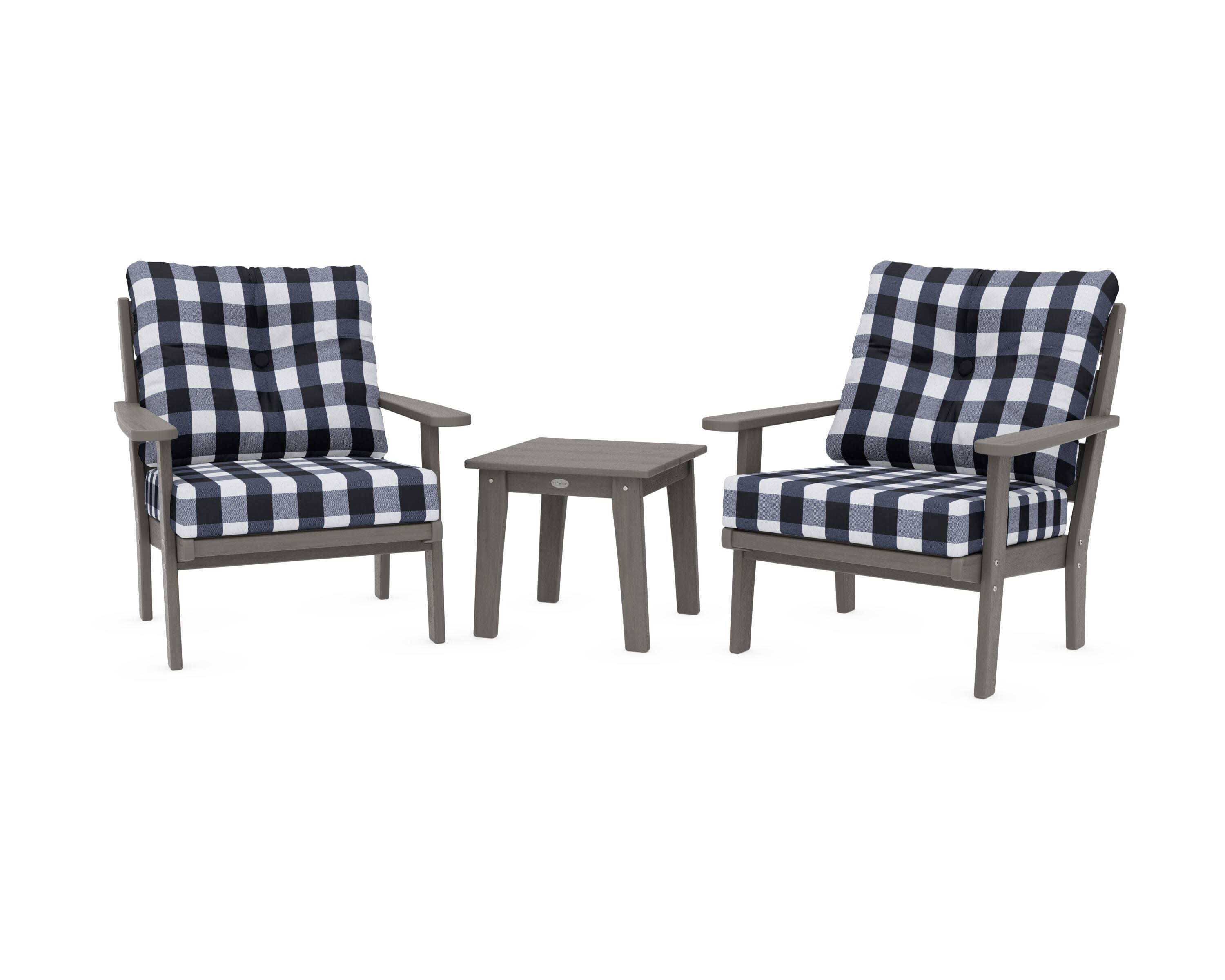Lakeside 3-Piece Deep Seating Chair Set in Driftwood / Buffalo Plaid Marine Indigo