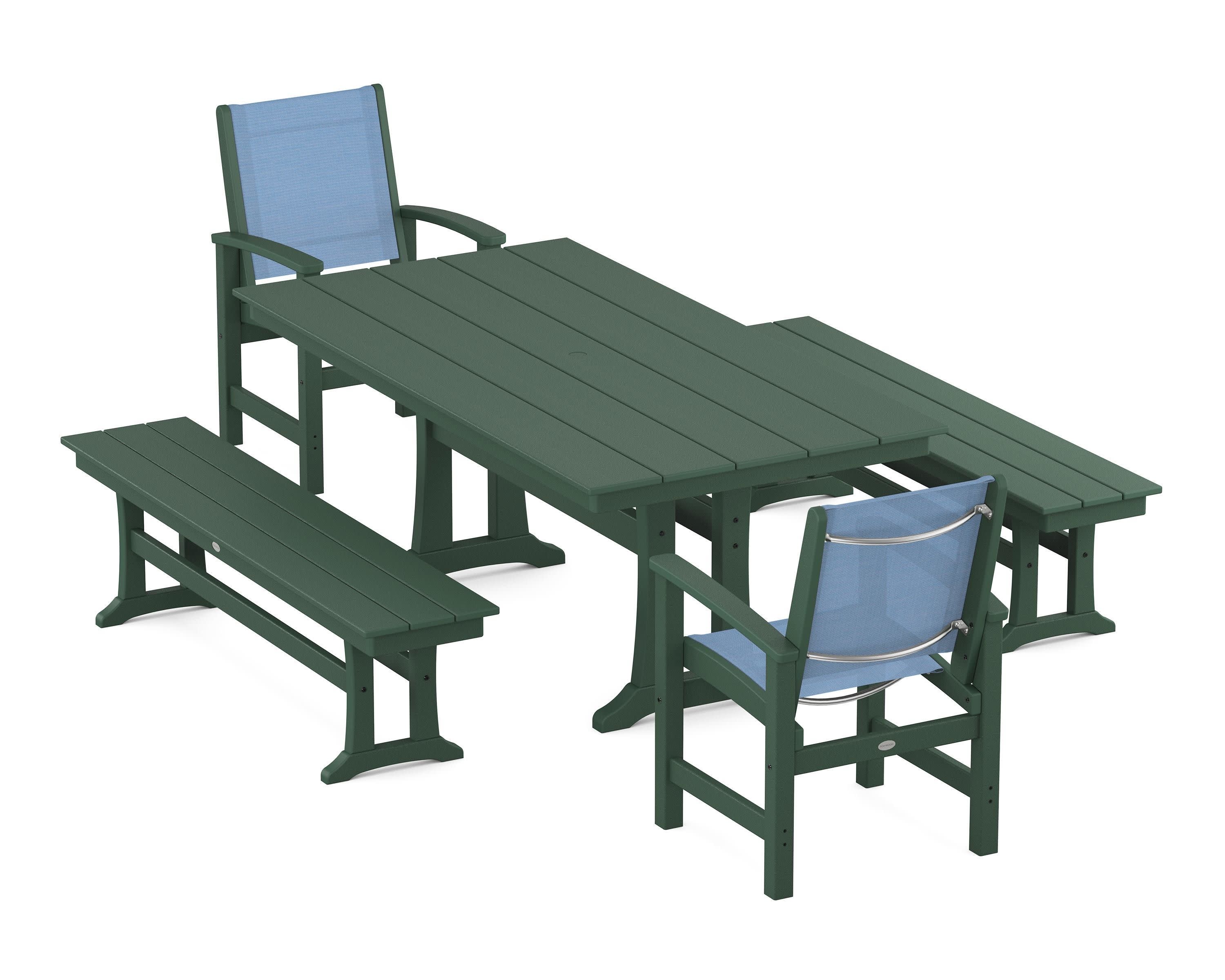 Coastal 5-Piece Farmhouse Dining Set with Trestle Legs and Benches in Green / Poolside Sling