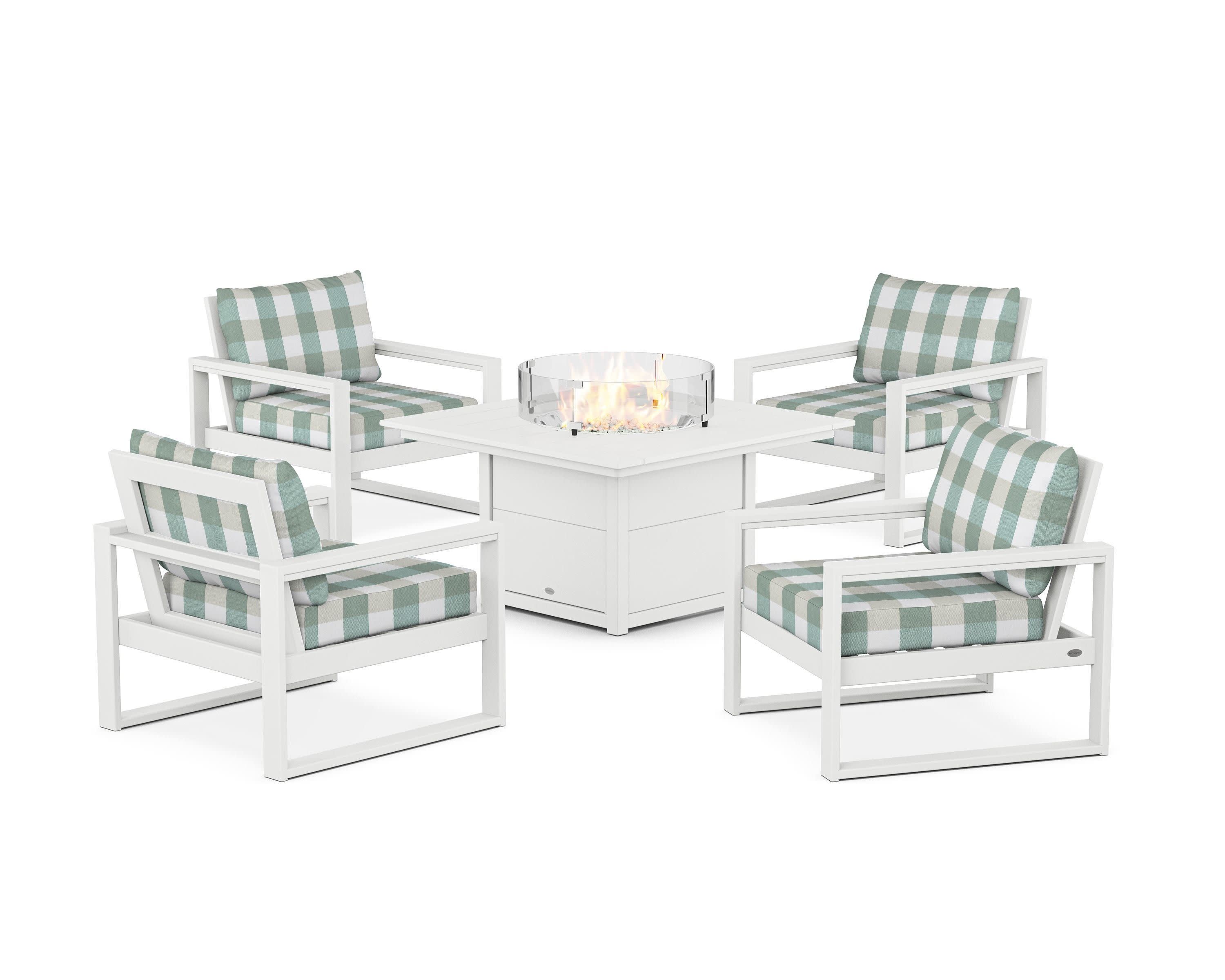 EDGE Sectional 5-Piece Deep Seating Set with Fire Pit Table in White / Buffalo Plaid Glacier Spa