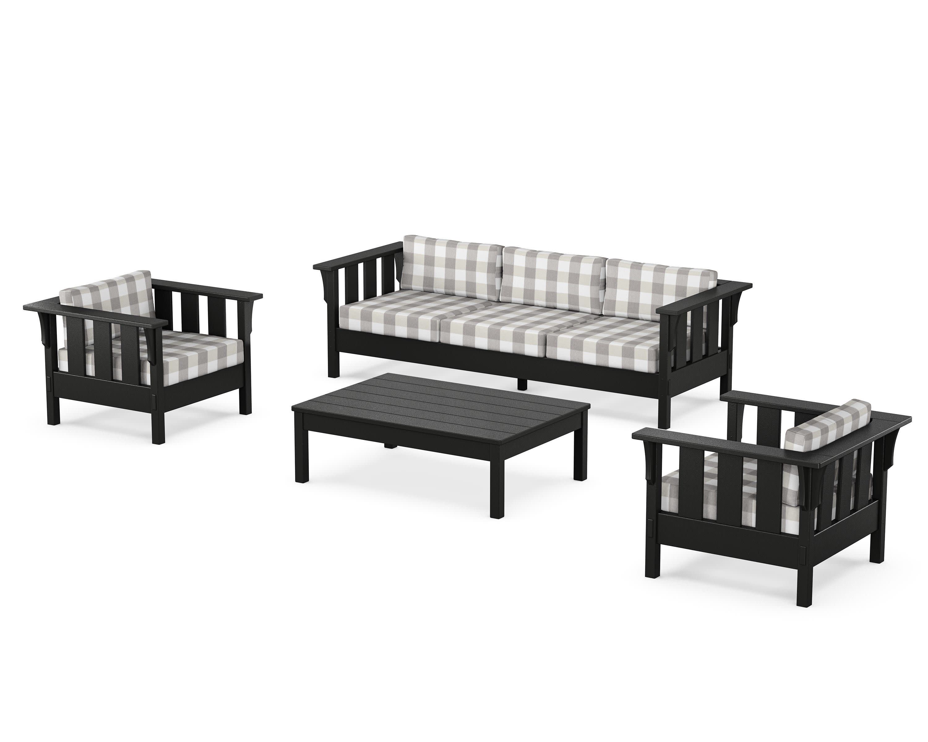 Acadia 4-Piece Deep Seating Set with Sofa in Black / Buffalo Plaid Grey Mist