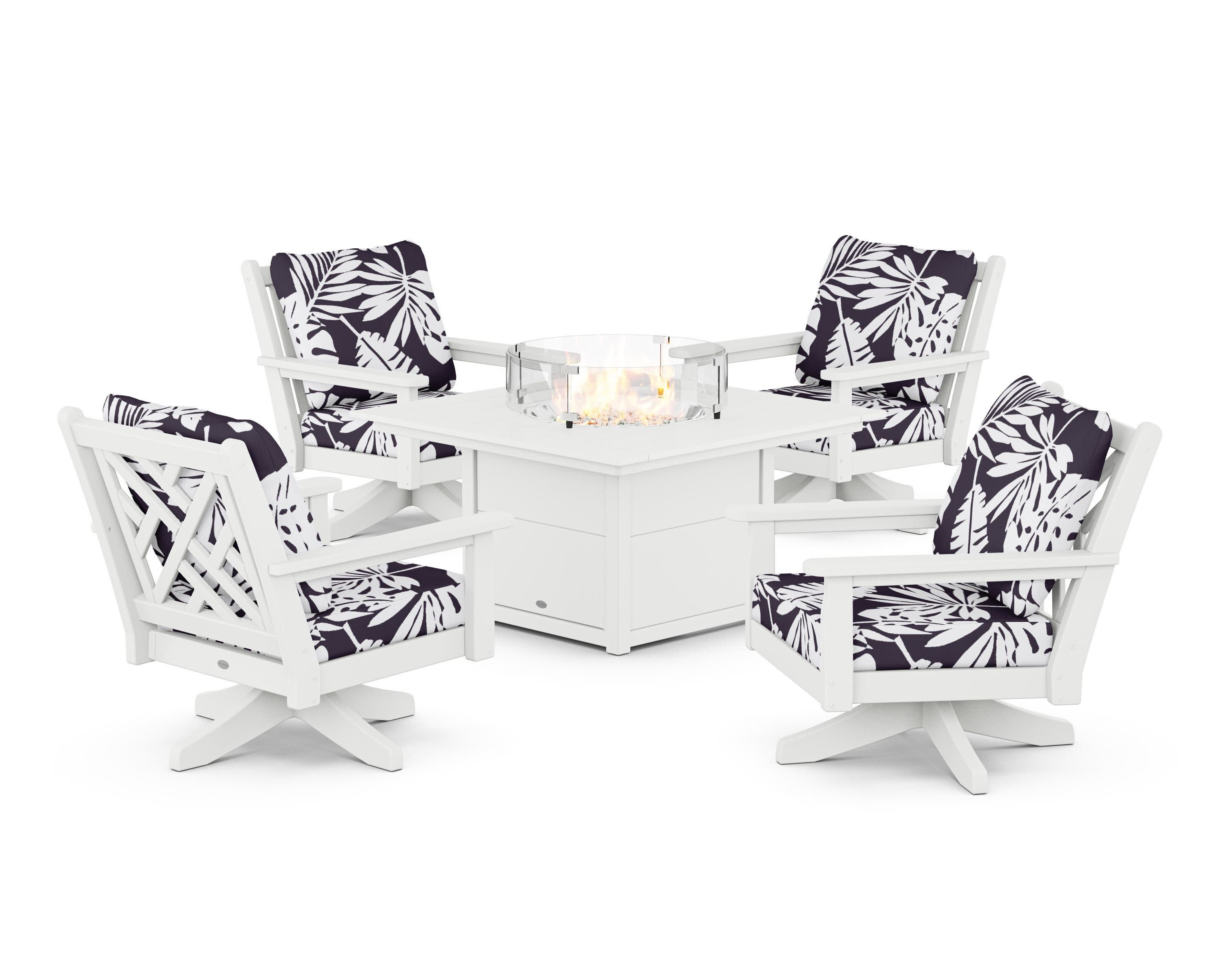 Chippendale 5-Piece Deep Seating Swivel Conversation Set with Fire Pit Table in White / Leaf Navy