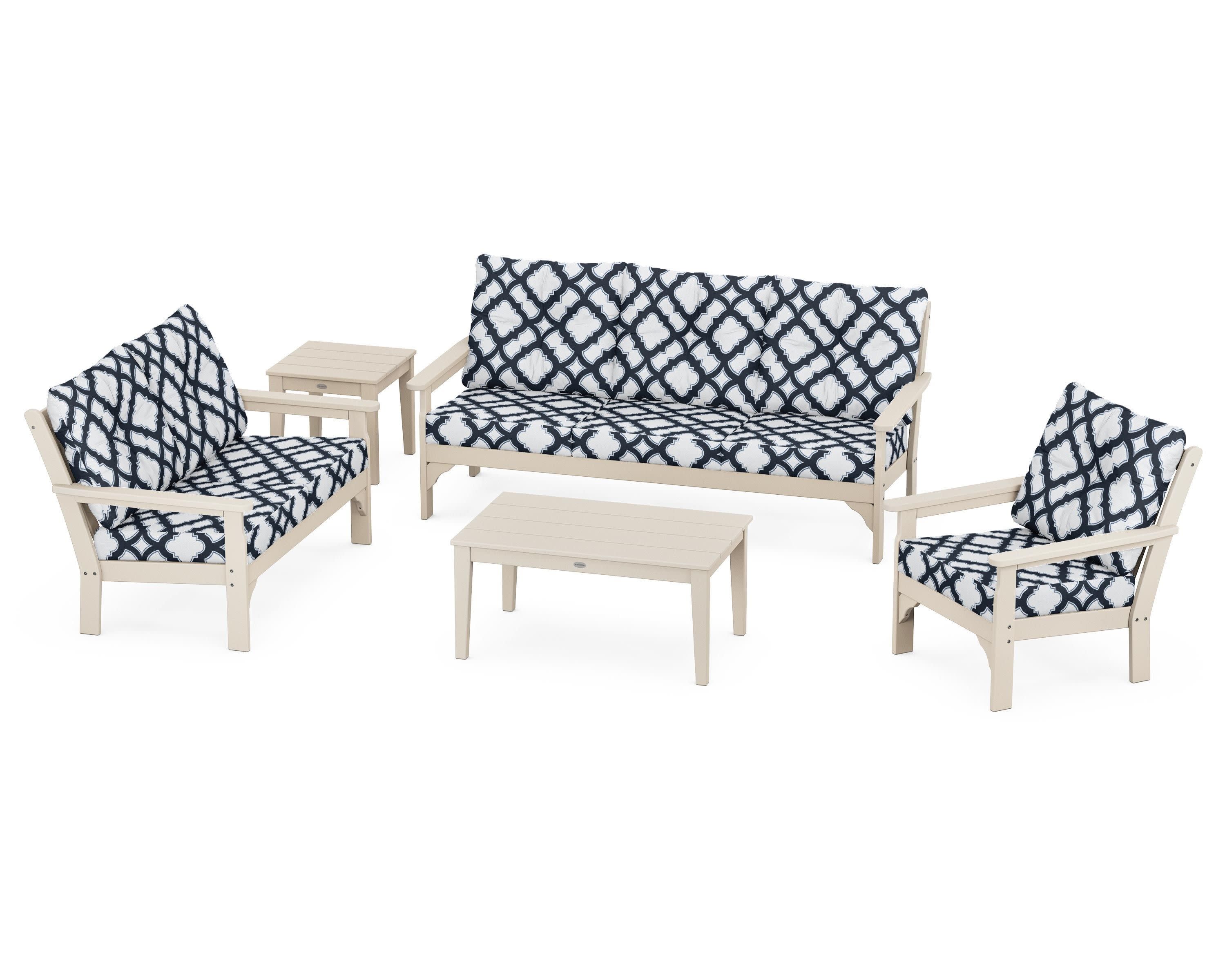 Vineyard 5 Piece Deep Seating Set in Sand / Trellis Marine Indigo