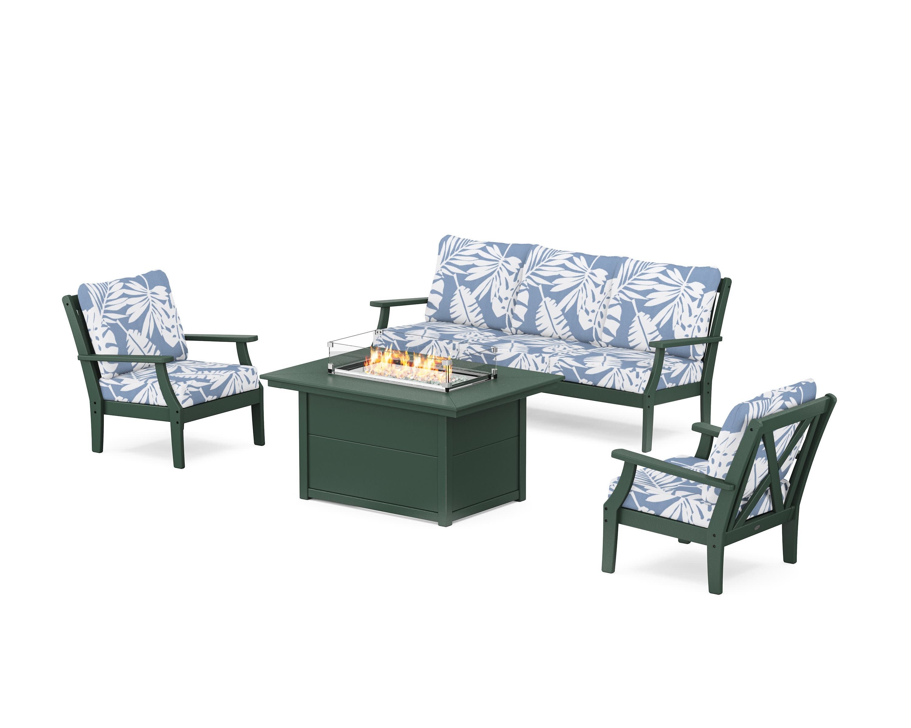 Braxton Deep Seating Fire Pit Table Set in Green / Leaf Sky Blue