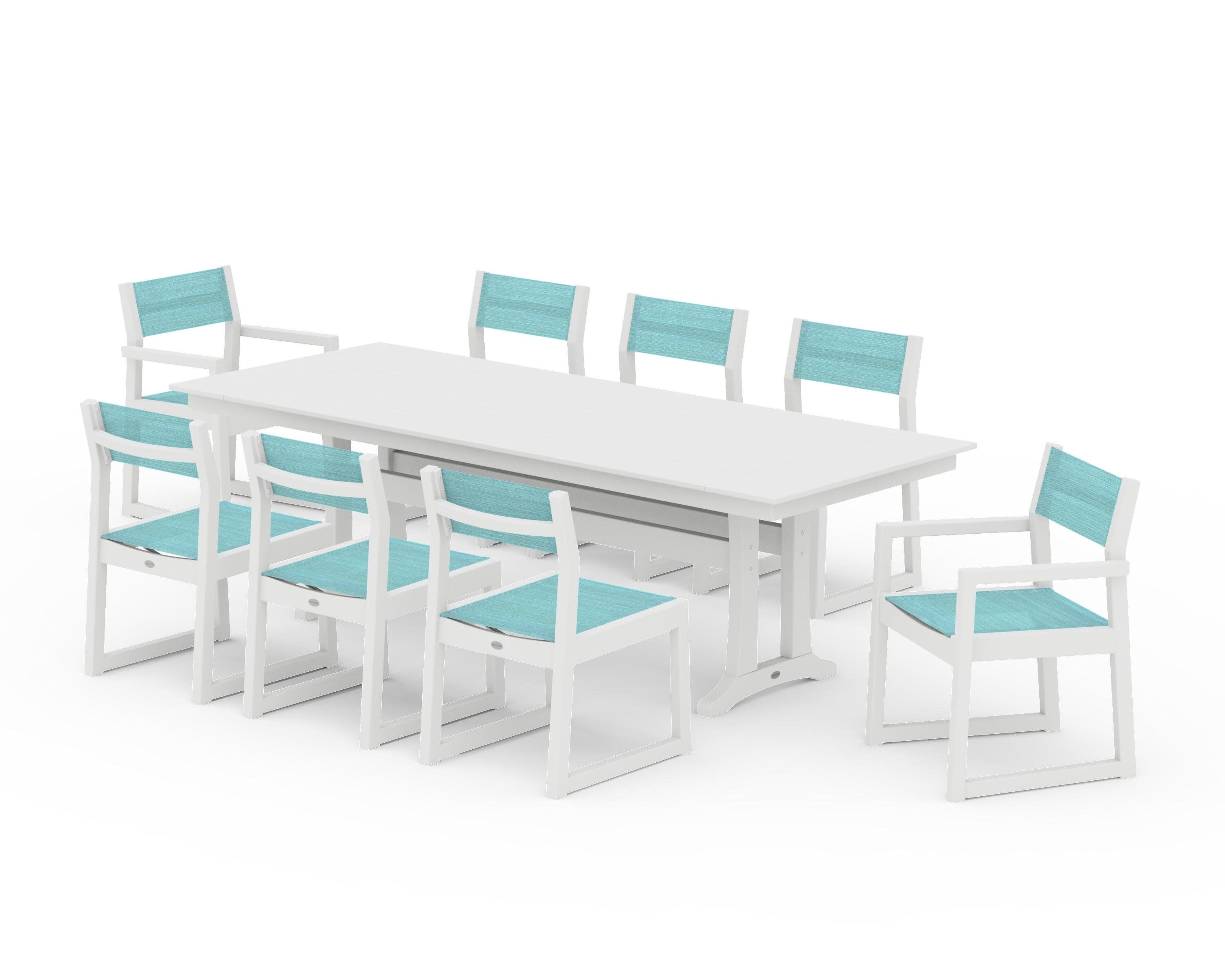 EDGE Sling 9-Piece Farmhouse Trestle Dining Set in White / Dupioni Aquamarine Sling