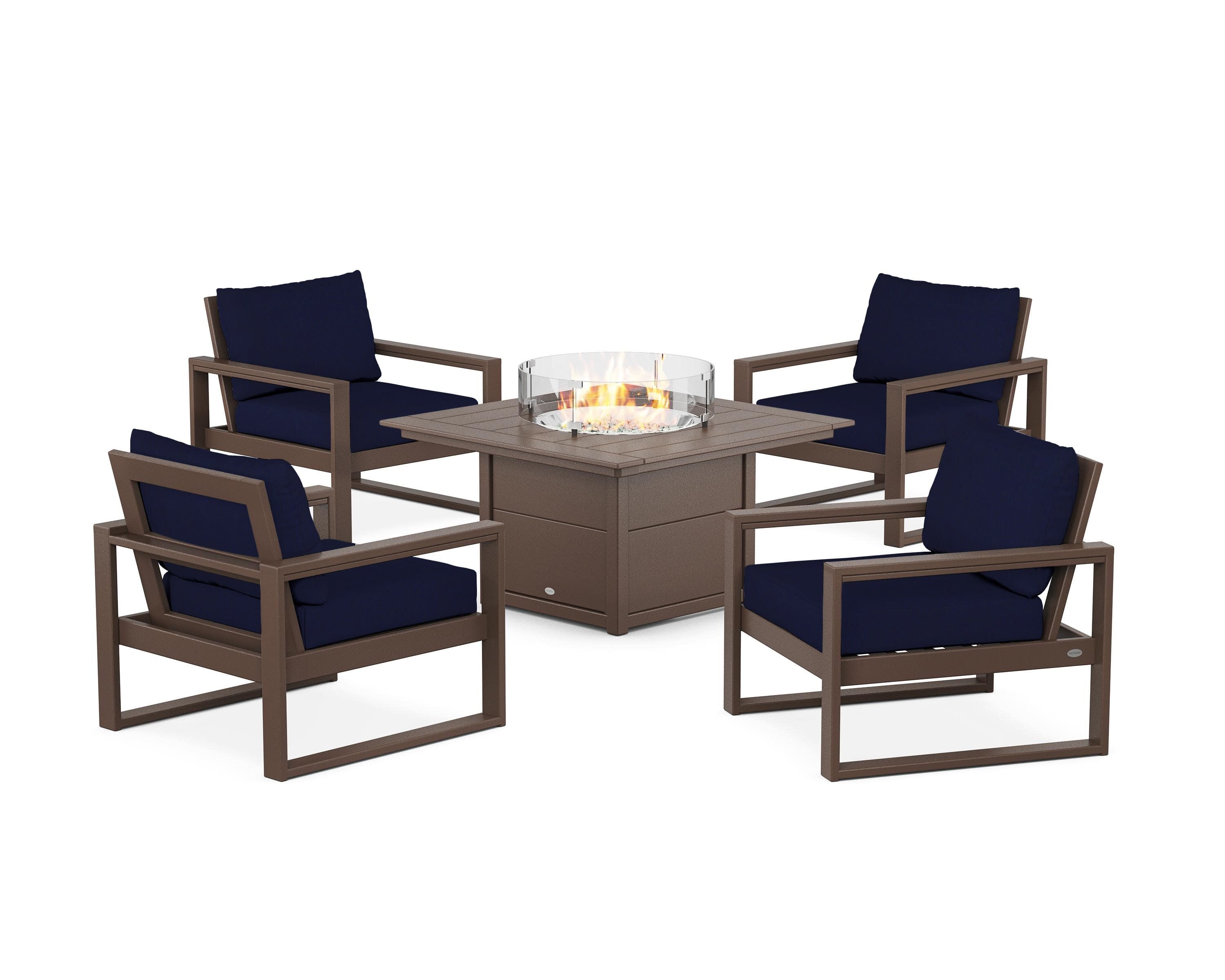 EDGE Sectional 5-Piece Deep Seating Set with Fire Pit Table in Mahogany / Navy