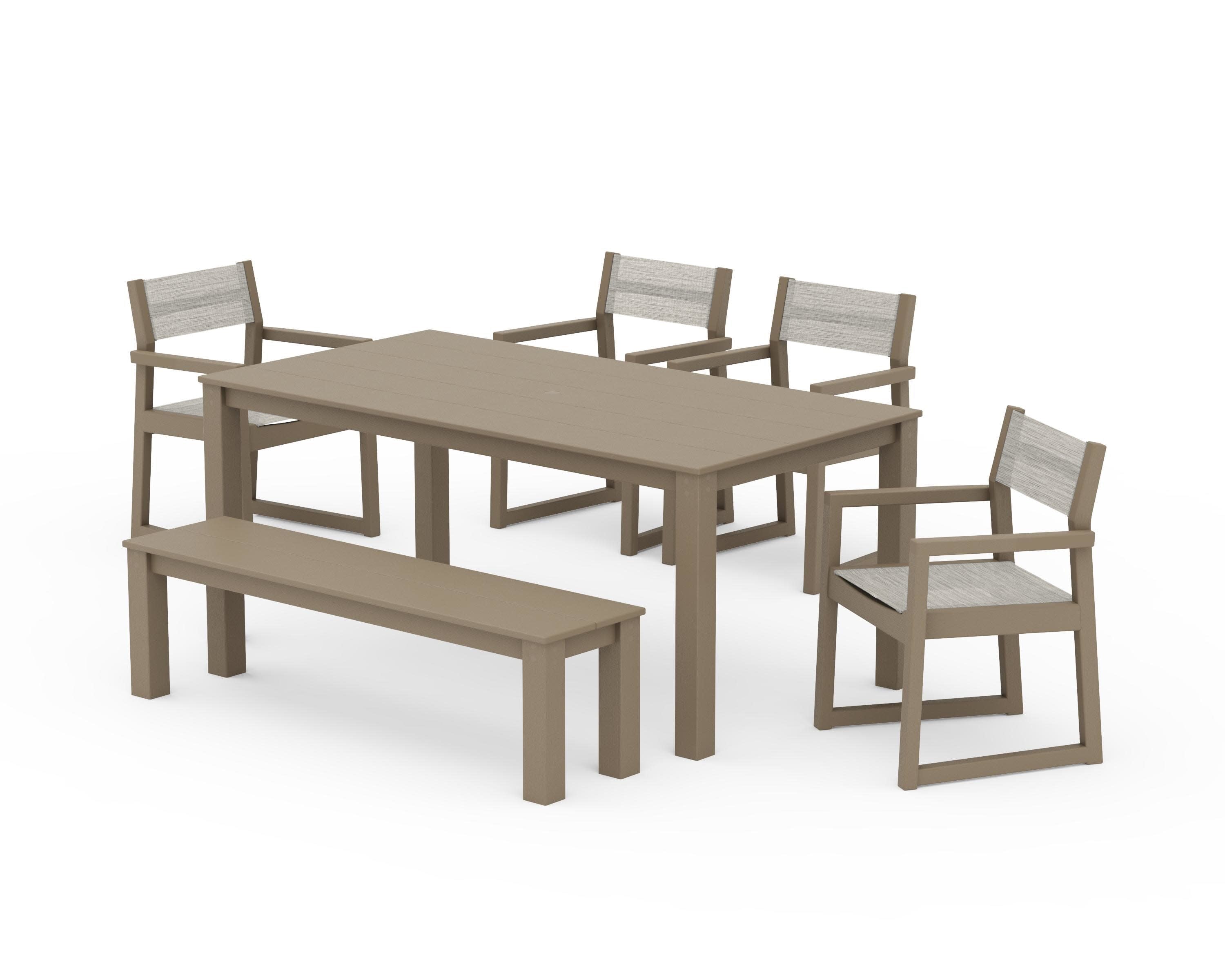 EDGE Sling Arm Chair 6-Piece Parsons Dining Set with Bench in Vintage Sahara / Birch Sling