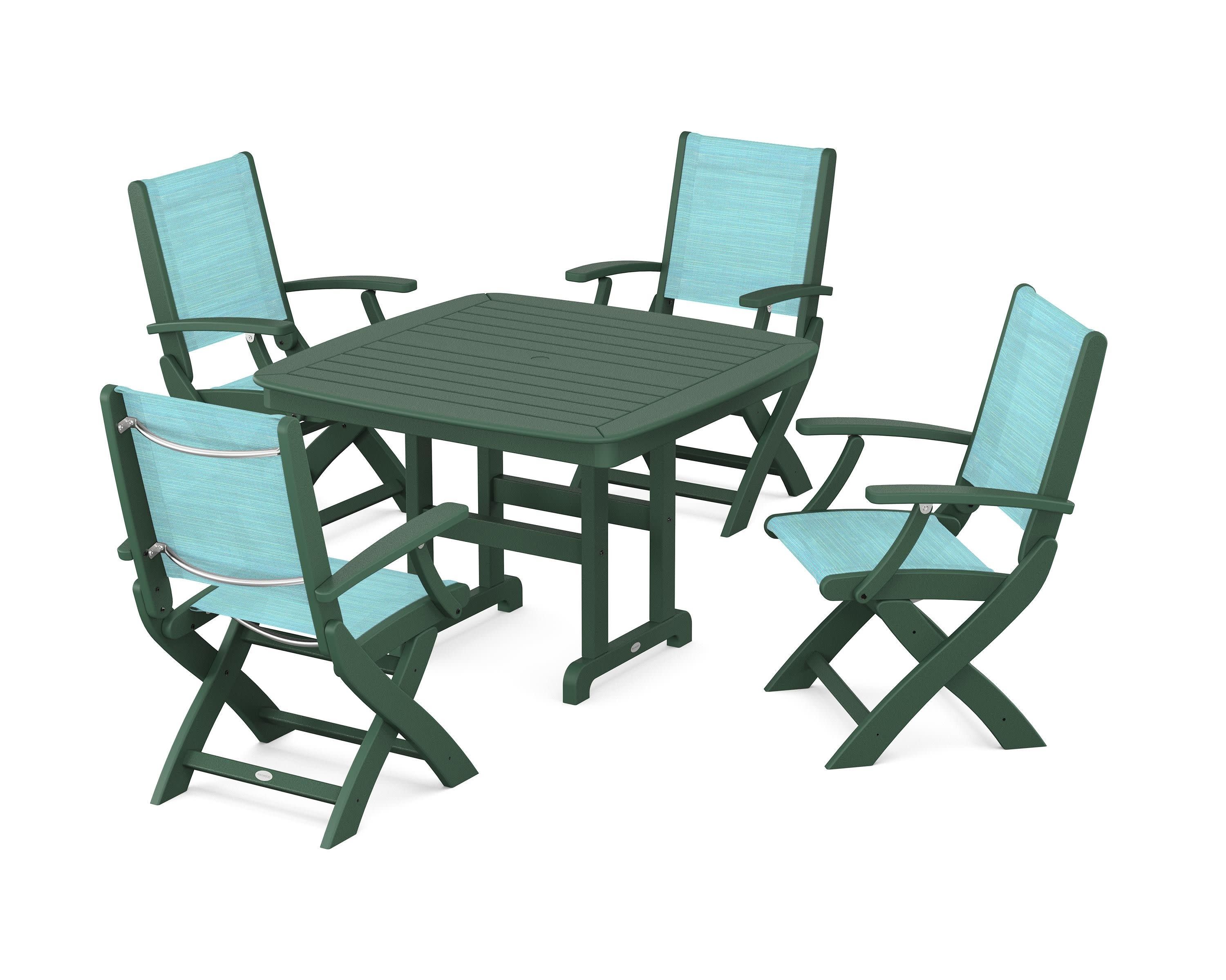 Coastal Folding Chair 5-Piece Dining Set in Green / Dupioni Aquamarine Sling