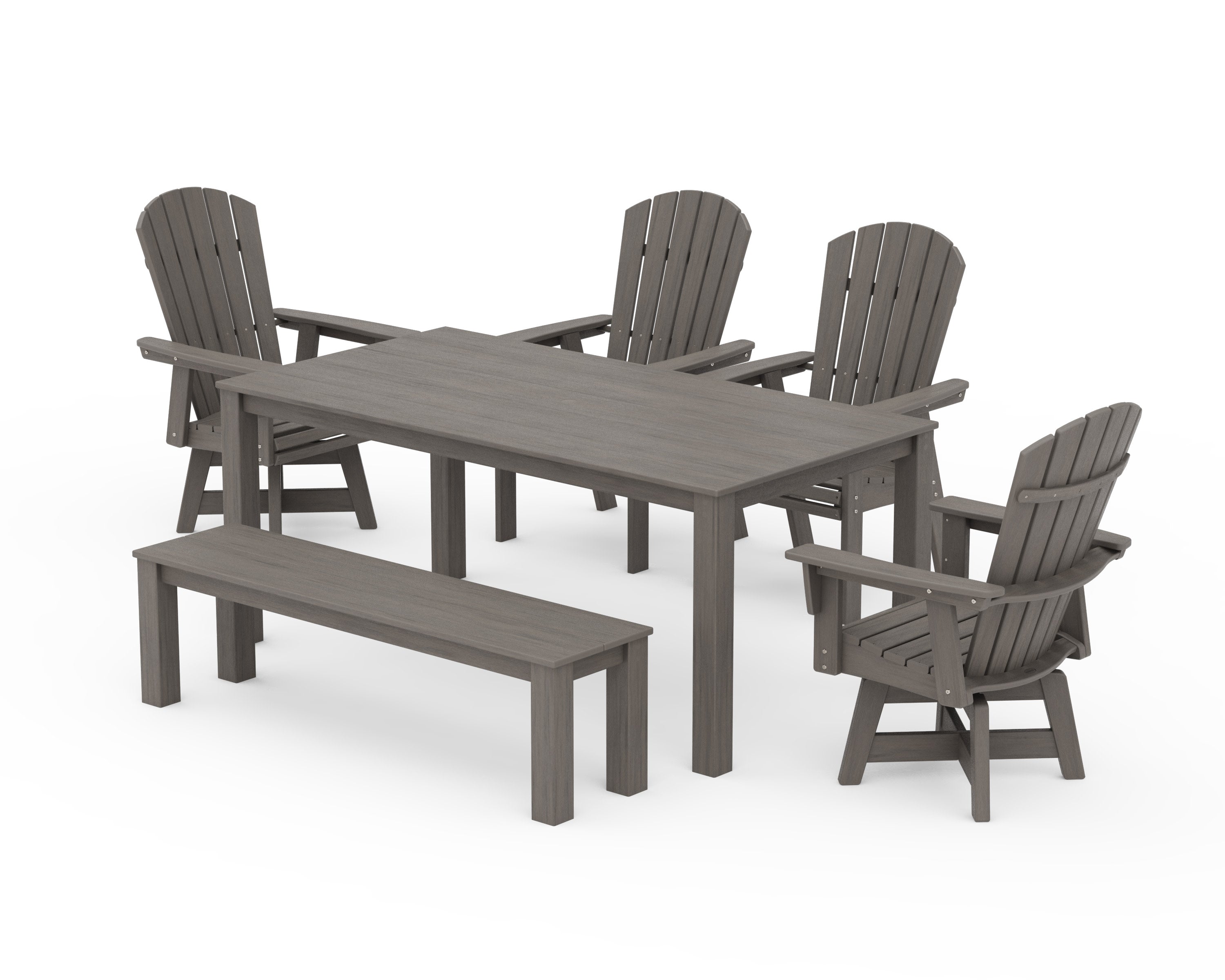 Nautical Curveback Adirondack Swivel 6-Piece Parsons Dining Set with Bench in Driftwood