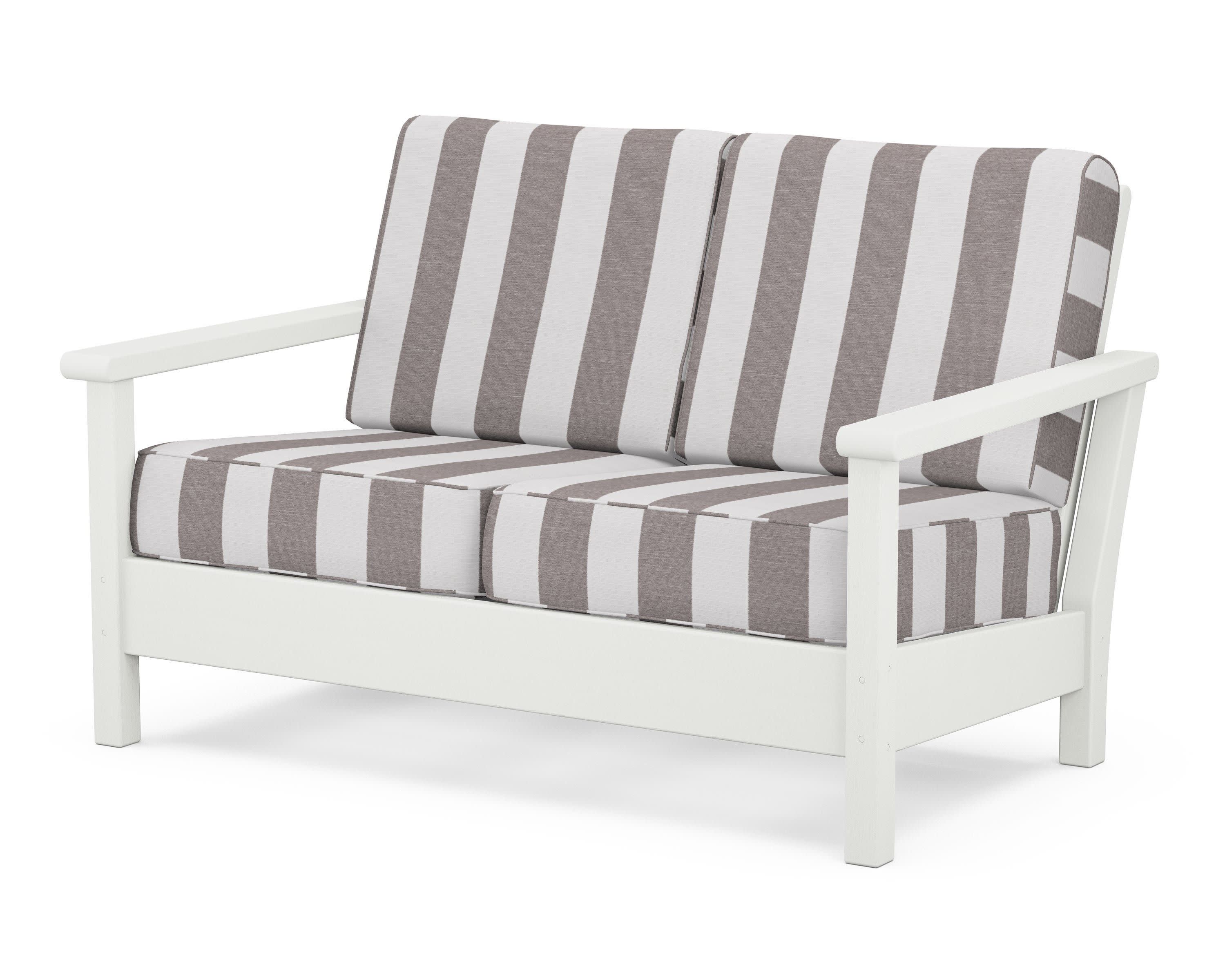 Harbour Deep Seating Loveseat in Vintage White / Cabana Stripe Grey Mist