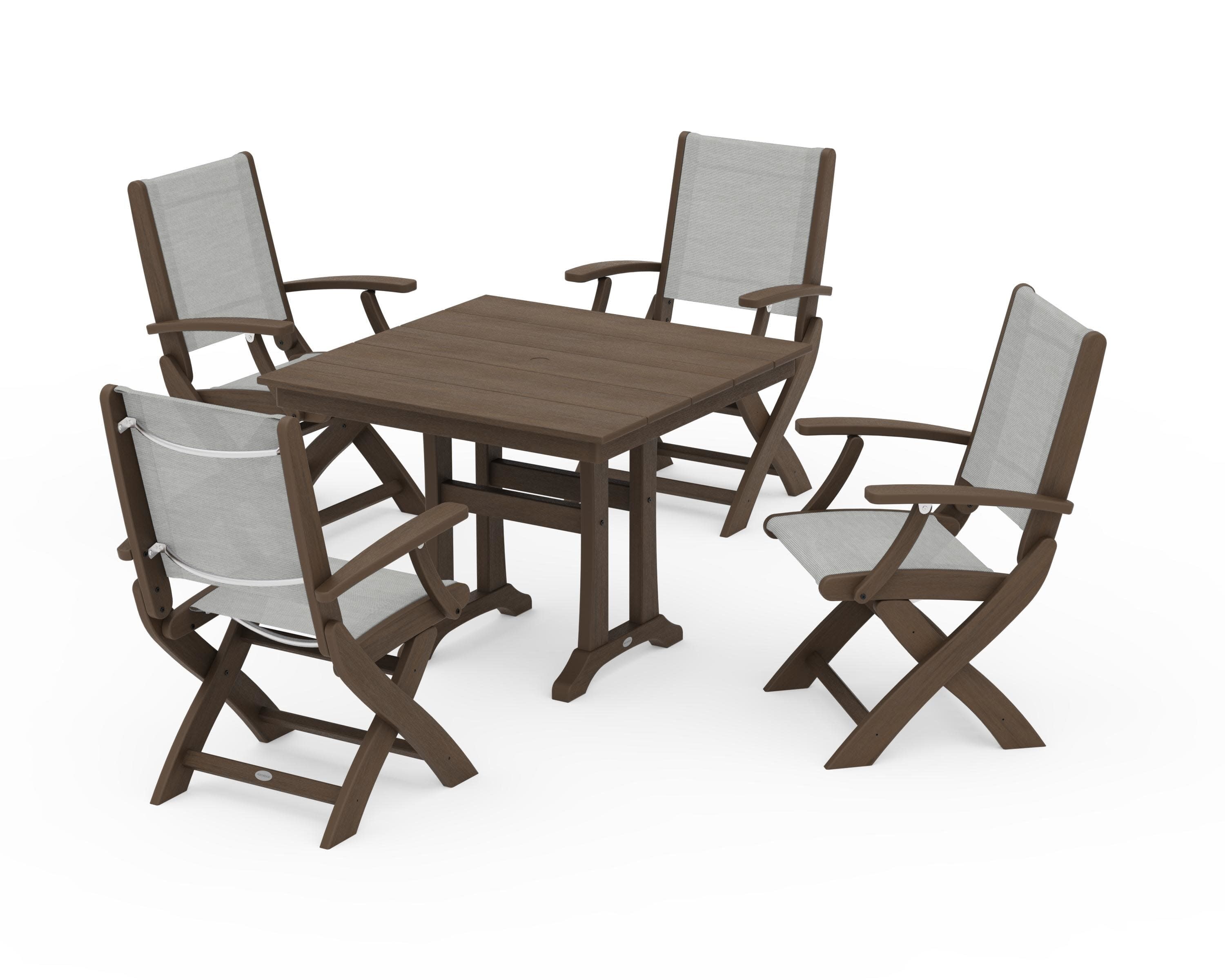 Coastal Folding Chair 5-Piece Farmhouse Dining Set With Trestle Legs in Kona / Metallic Sling
