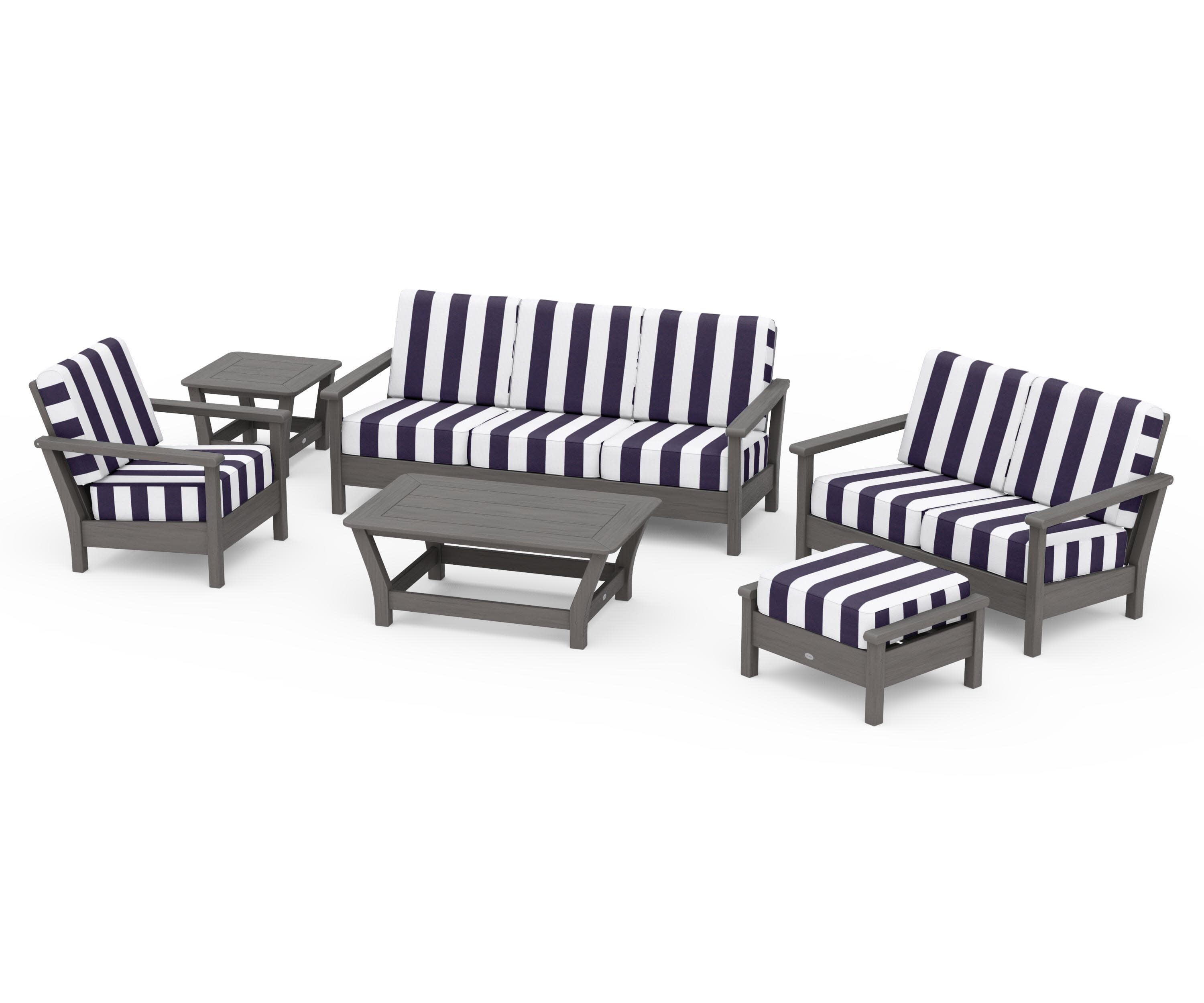 Harbour 6-Piece Outdoor Living Set in Driftwood / Cabana Stripe Navy