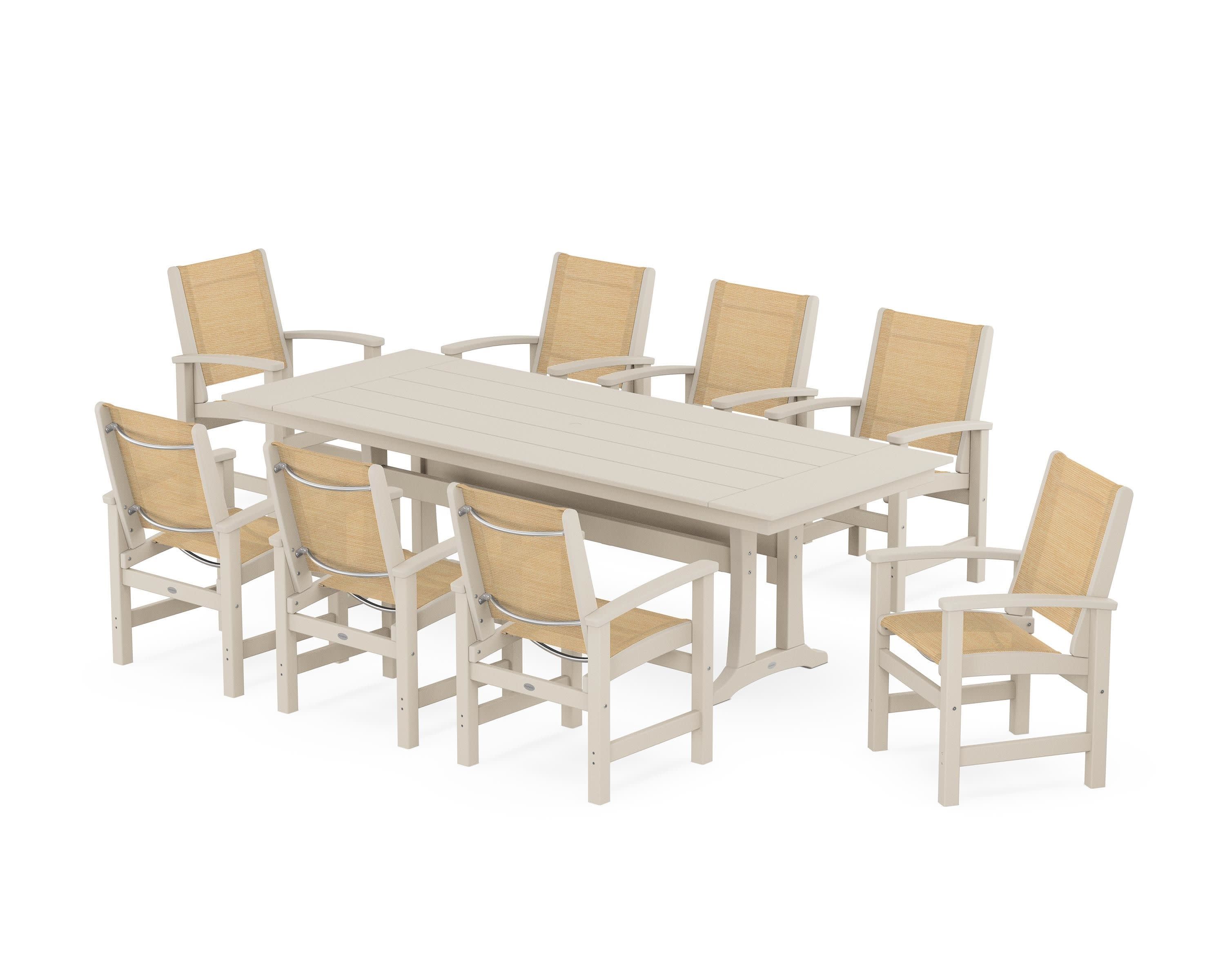 Coastal 9-Piece Farmhouse Dining Set with Trestle Legs in Sand / Dupioni Apricot Sling