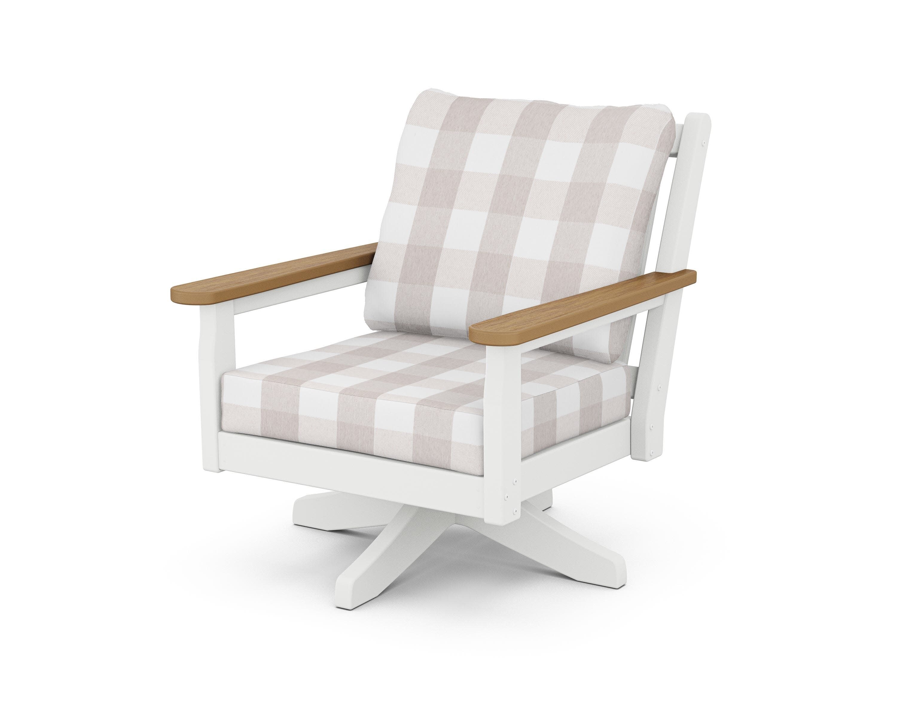 Chippendale Deep Seating Swivel Chair in White / Natural / Buffalo Plaid Dune Burlap
